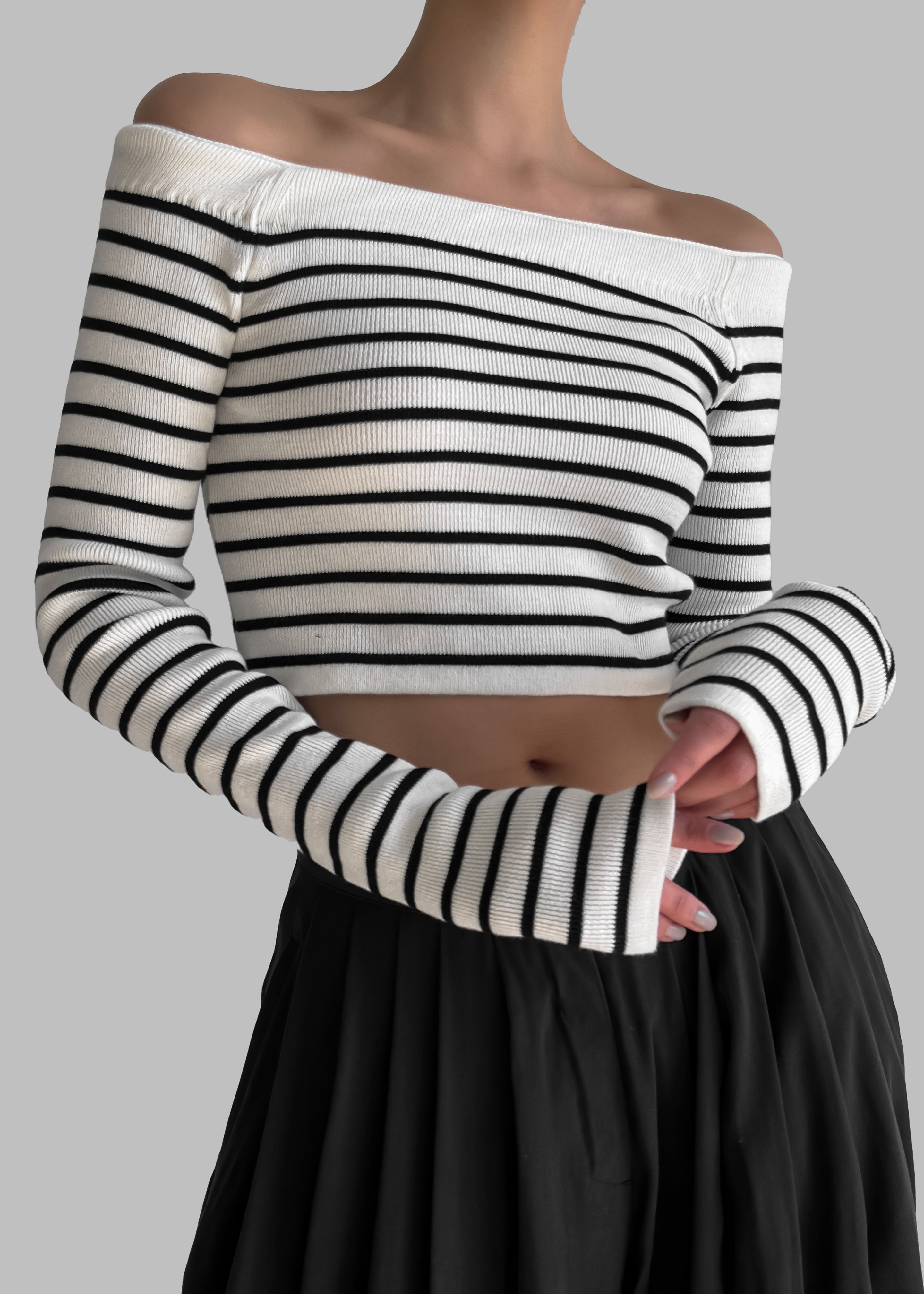 Coco White Off Shoulder Sweater - Black Stripe - 8