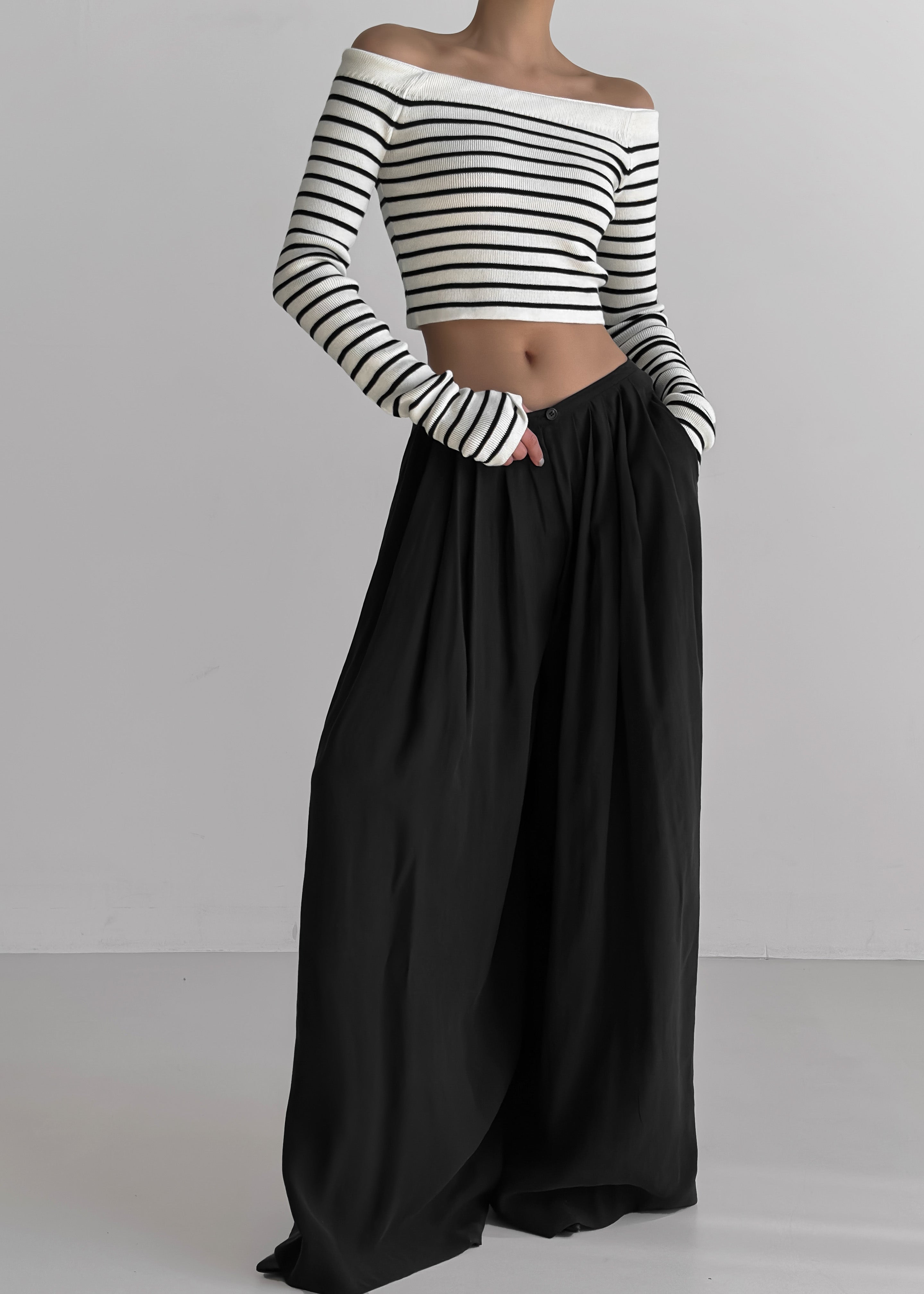 Coco White Off Shoulder Sweater - Black Stripe - 6