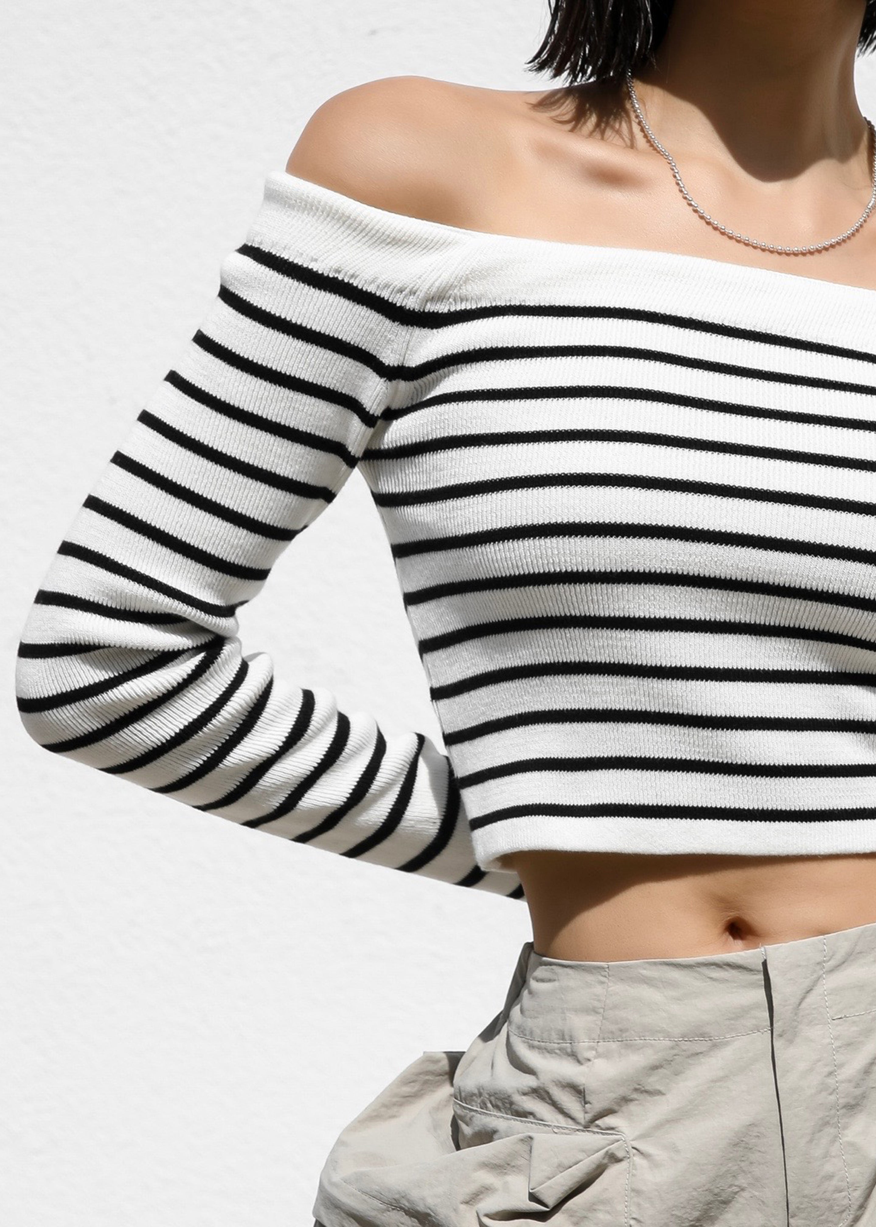 Coco White Off Shoulder Sweater - Black Stripe - 3