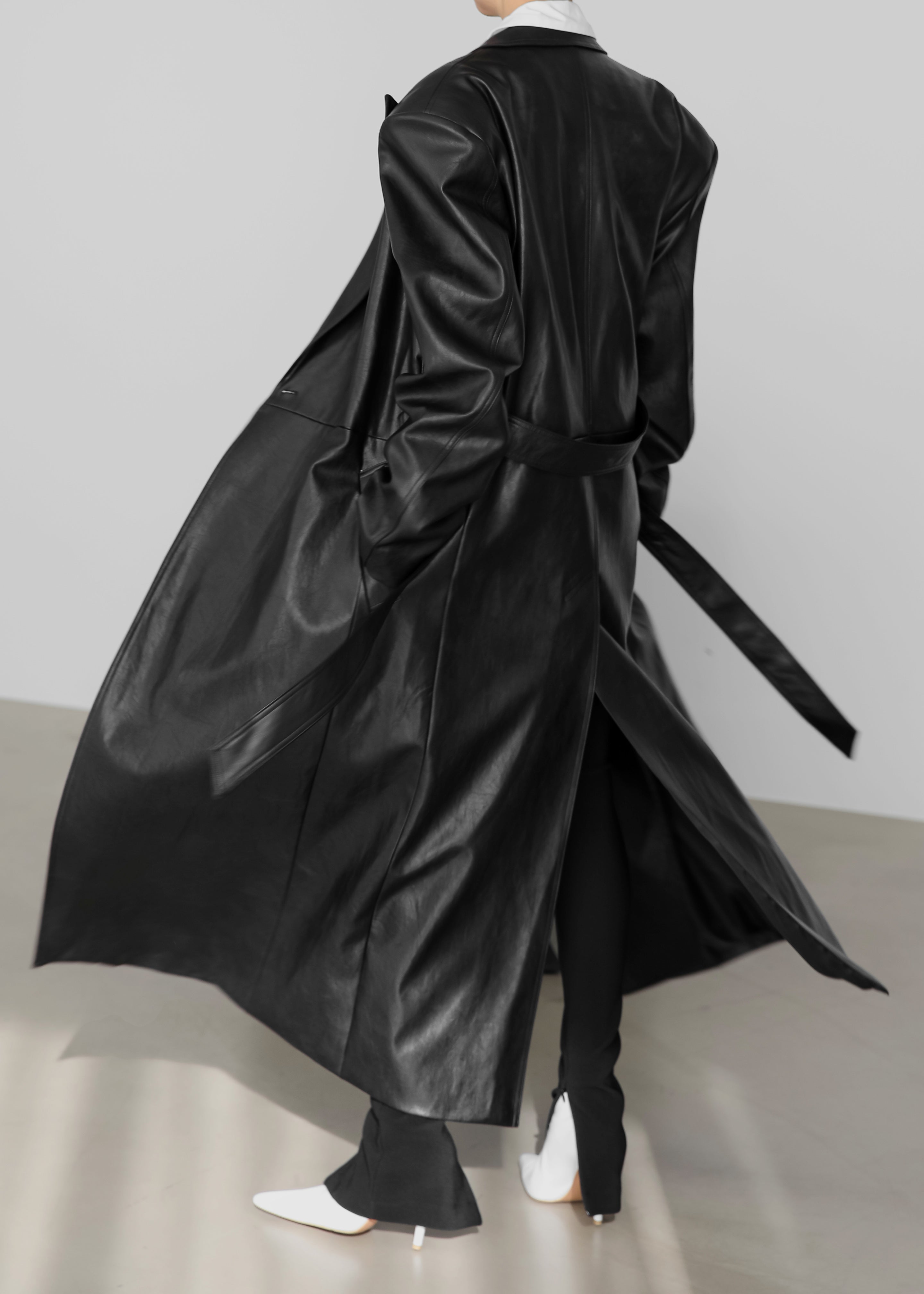 Zara - Belted Faux Leather Trench - Black - Women