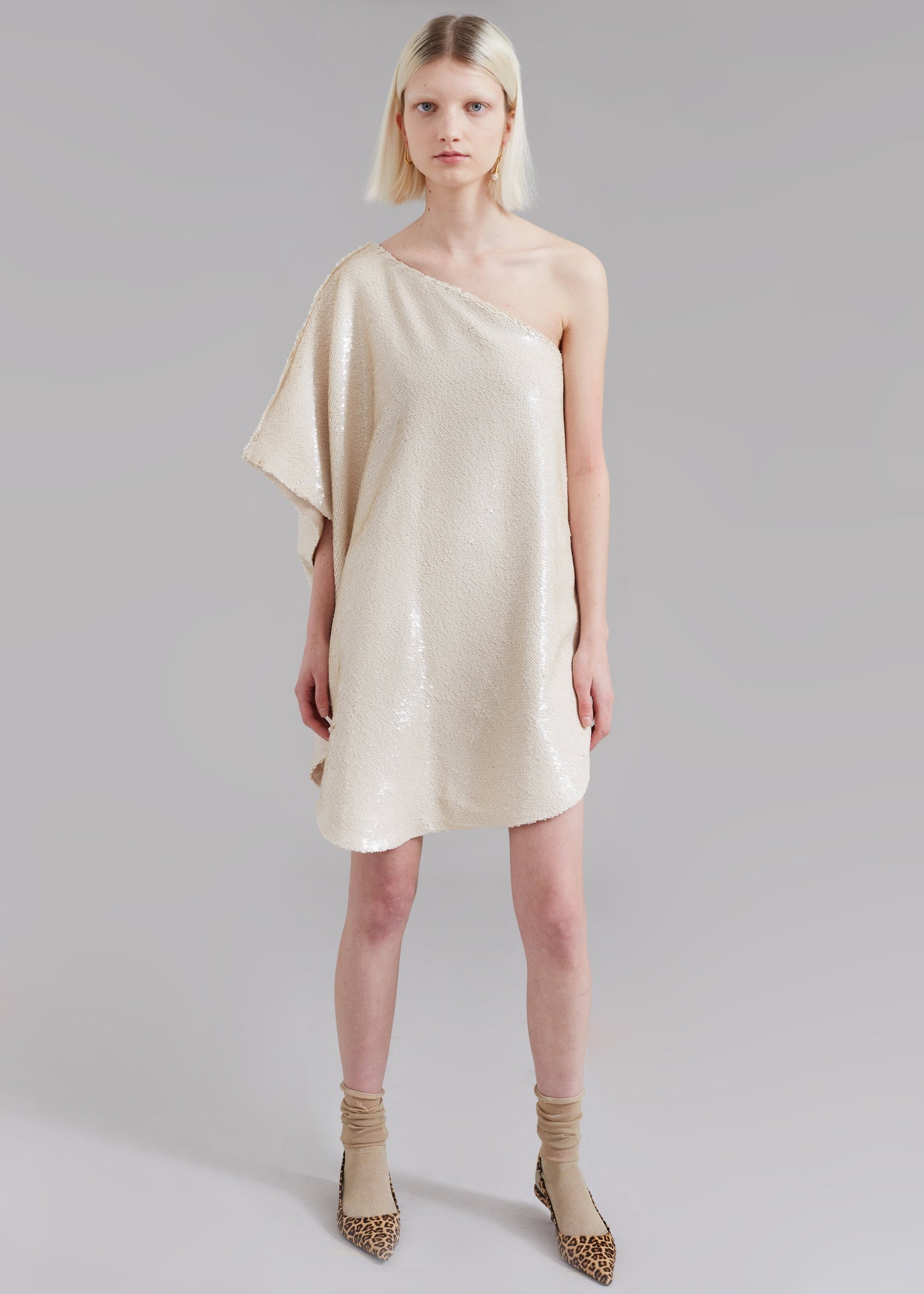 Gloria Sequins One Shoulder Dress - Cream - 1