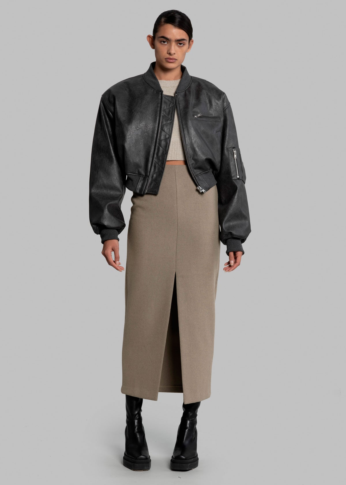 Gae Faux Leather Cropped Bomber - Charcoal