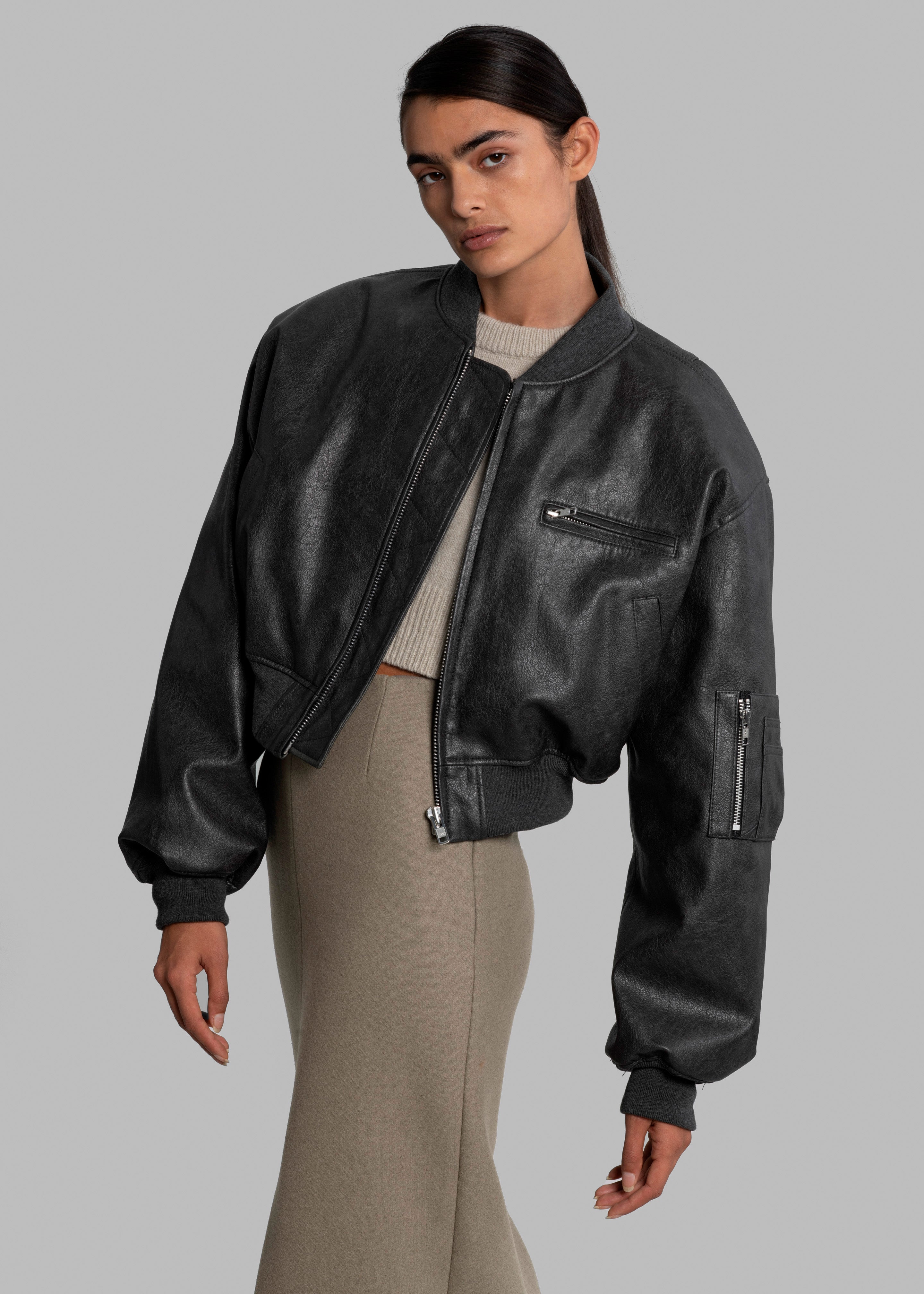 Gae Faux Leather Cropped Bomber - Charcoal