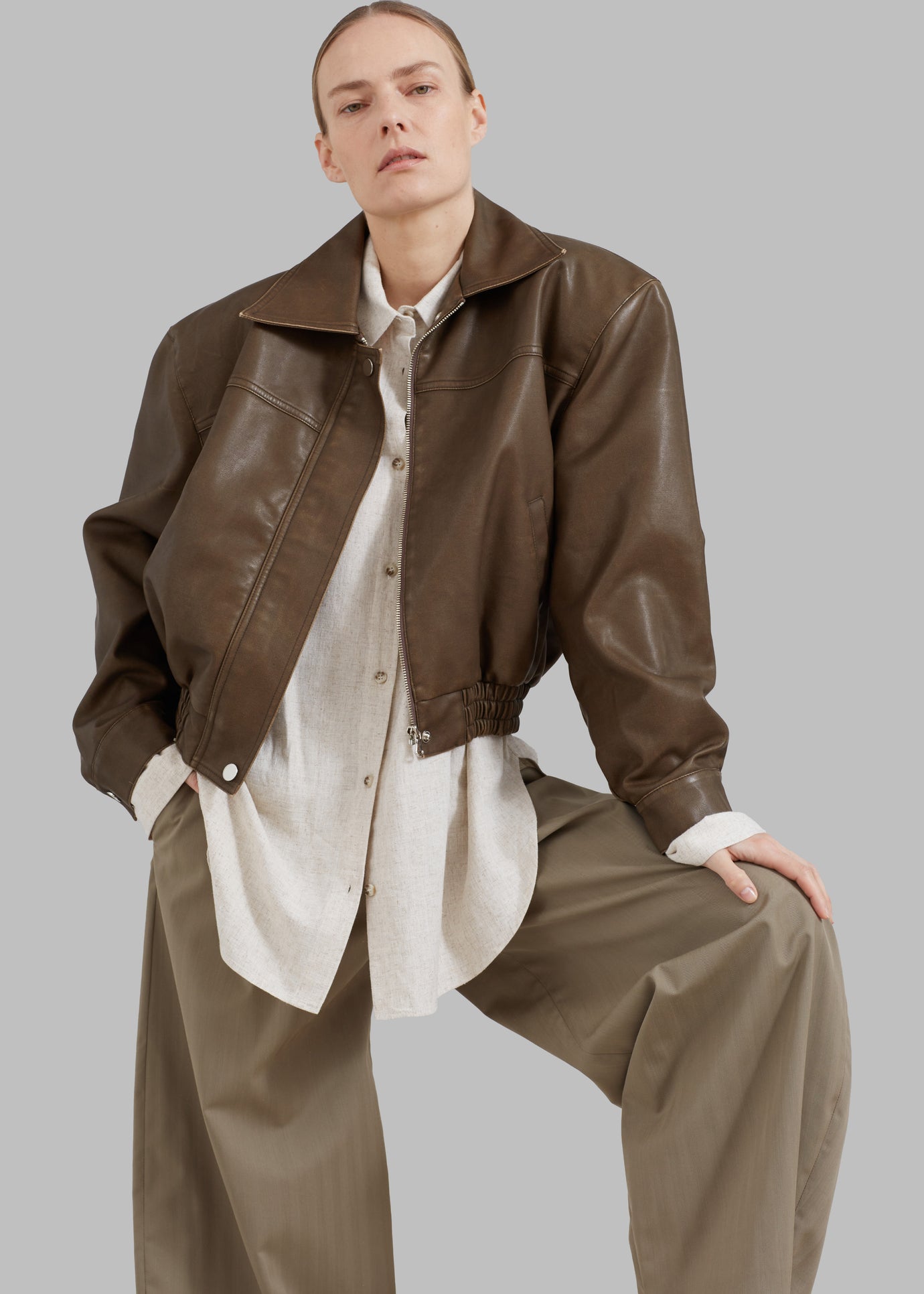 Jaden Faux Leather Bomber - Brown