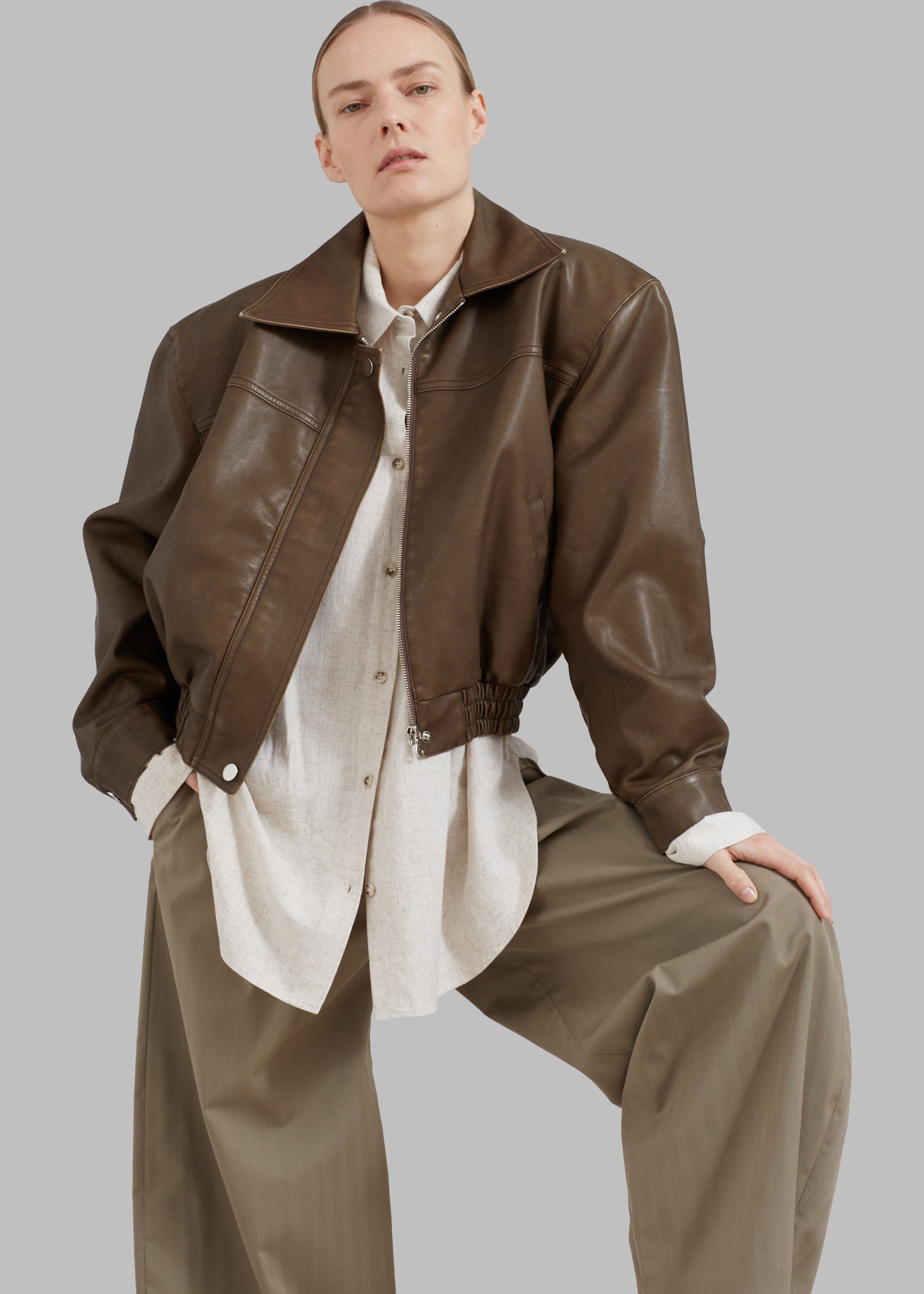 Jaden Faux Leather Bomber - Brown - 1