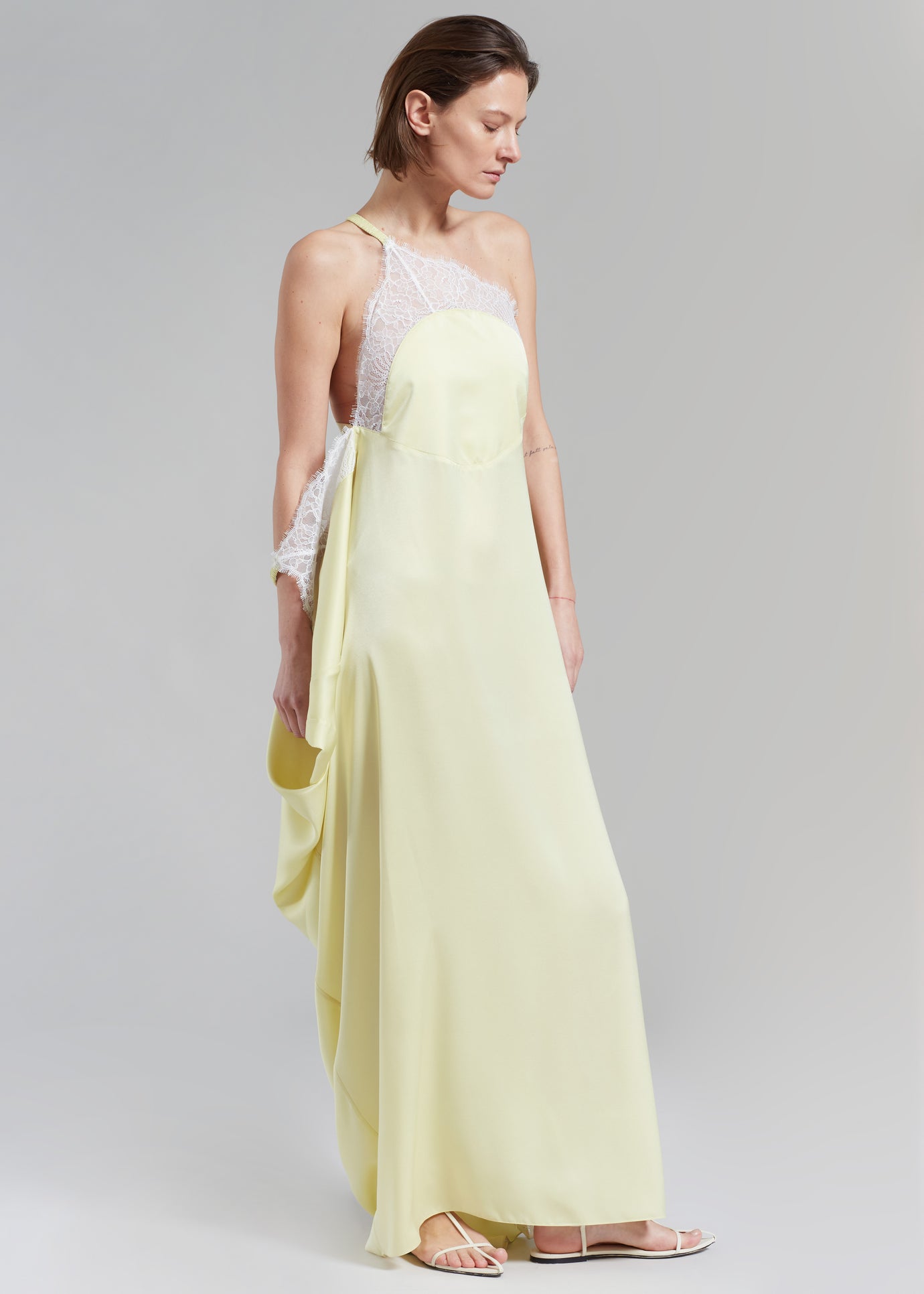 JW Anderson One Shoulder Asymmetric Lace Slip Dress - Pale Yellow - 1