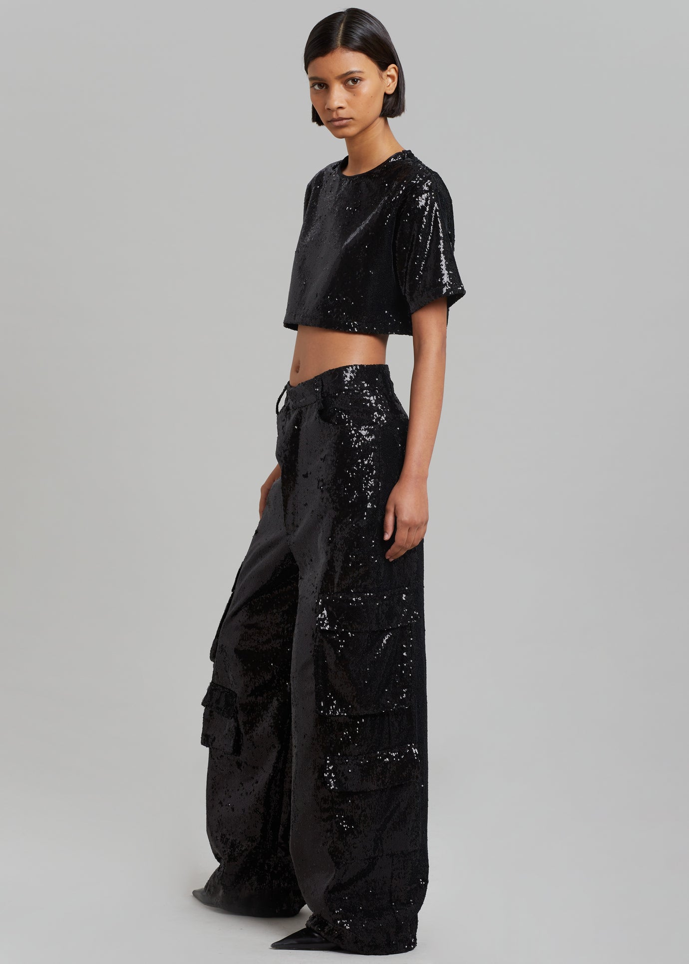 Jerry Cropped T-Shirt - Black Sequins