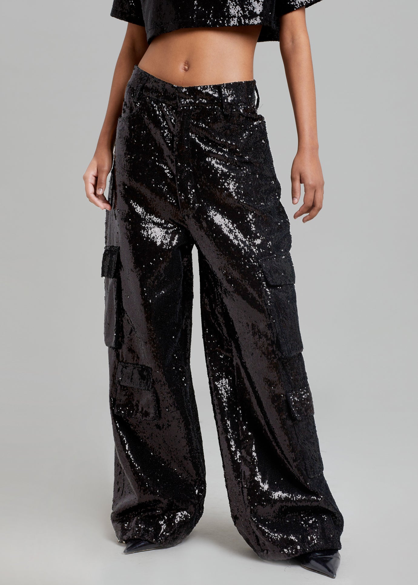 Donna Oversized Cargo Pants - Black Sequins - 1