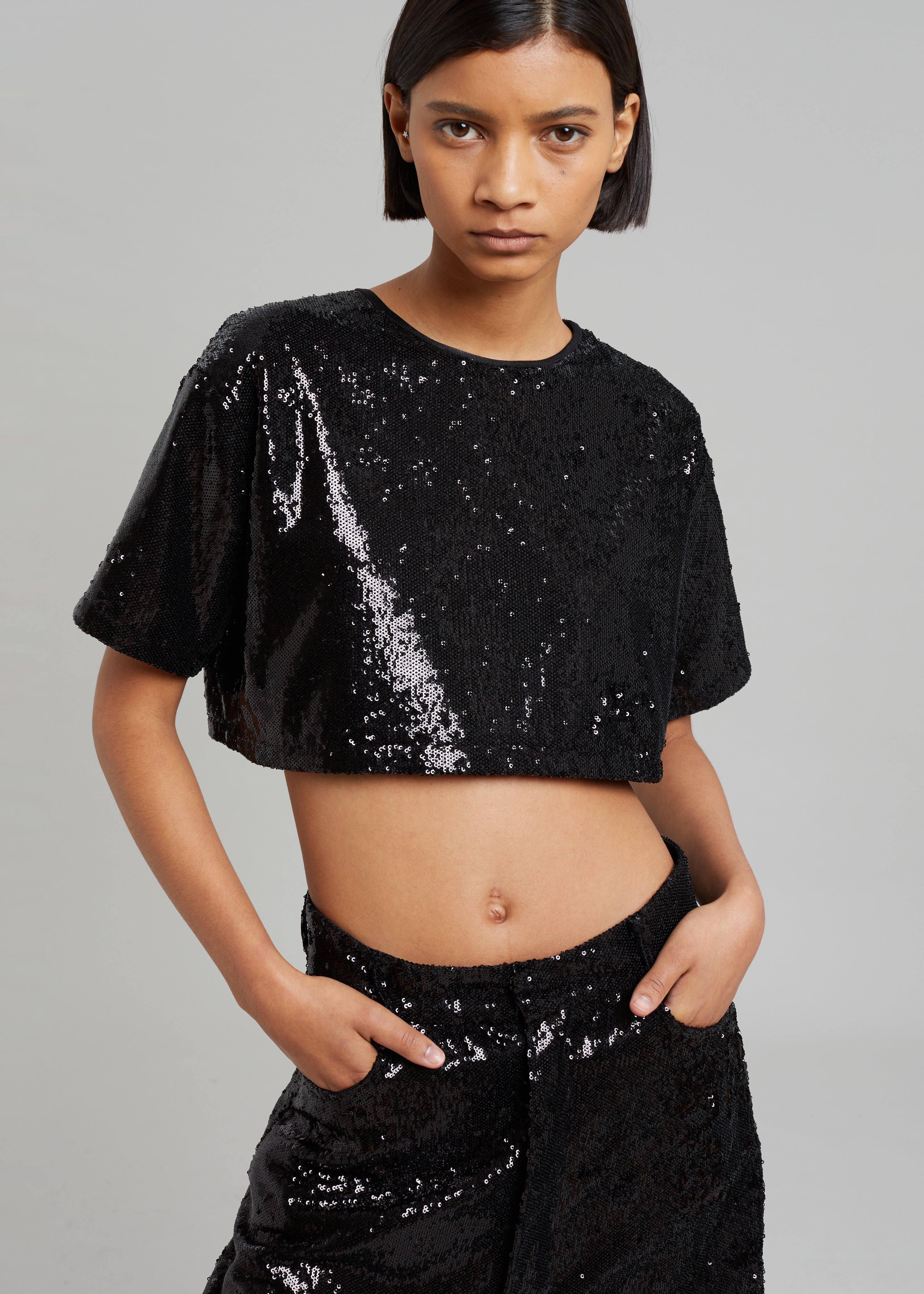 Jerry Cropped T-Shirt - Black Sequins - 2
