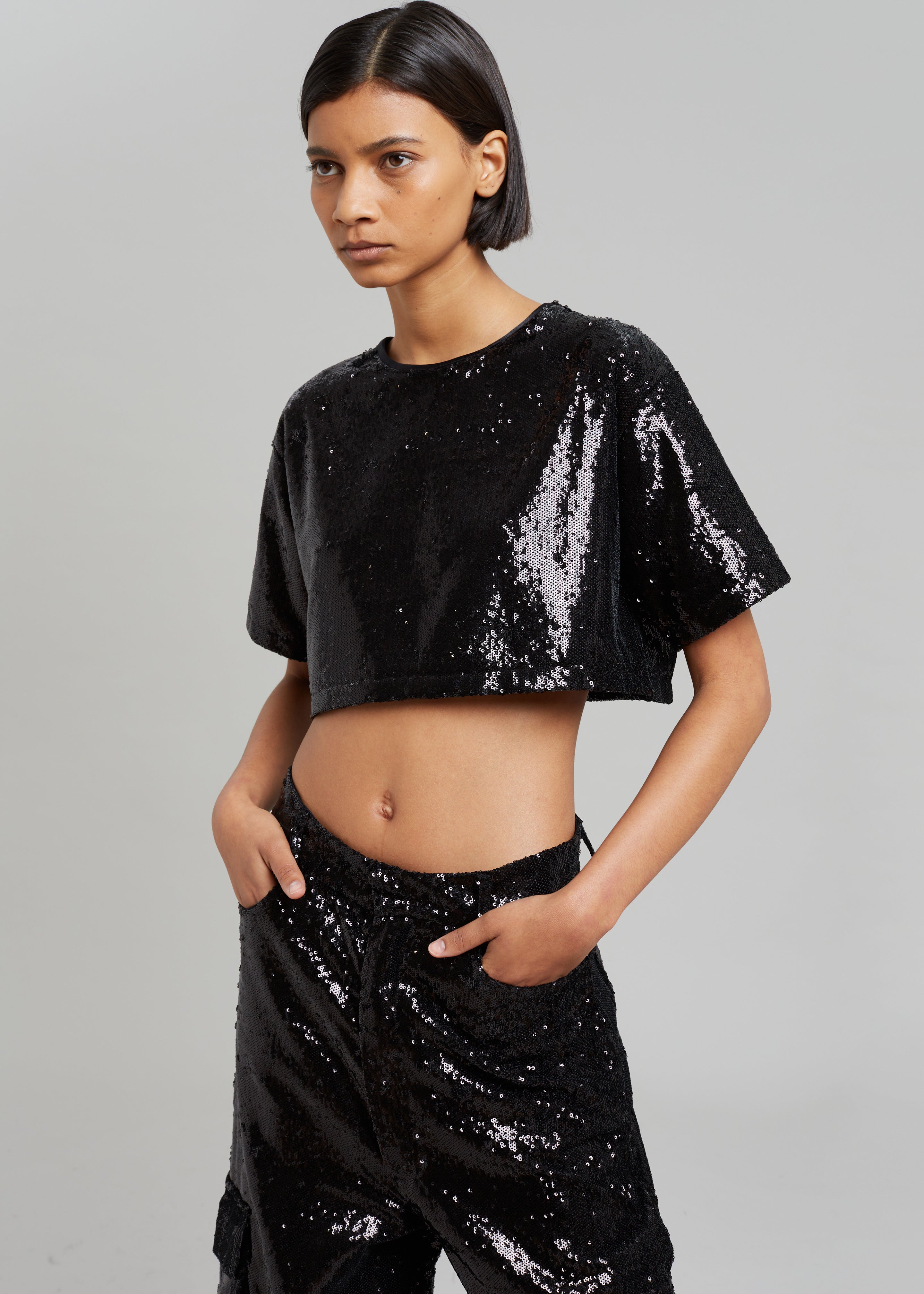 Jerry Cropped T-Shirt - Black Sequins - 6
