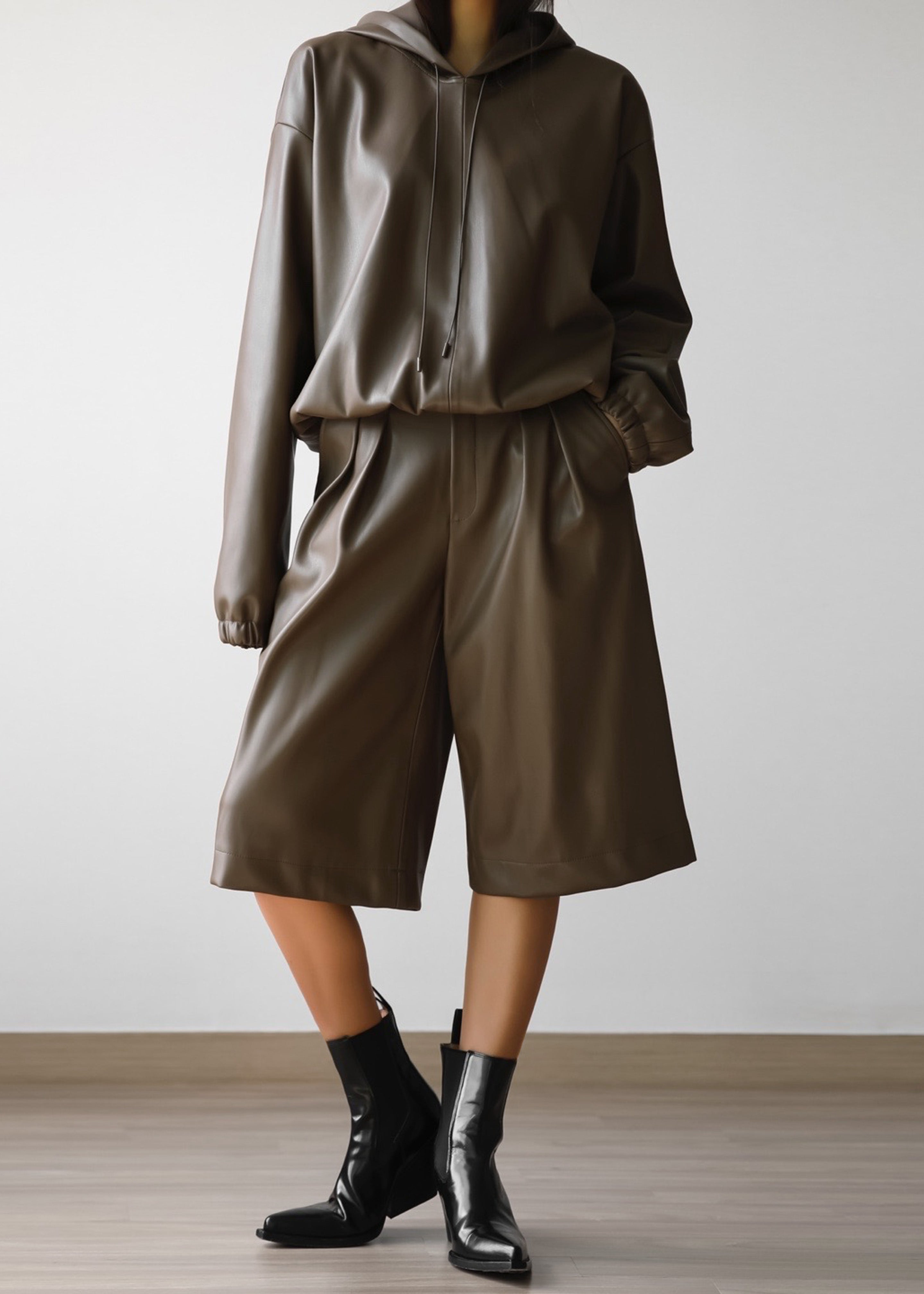 Kerang Faux Leather Bermuda Shorts - Brown - 5