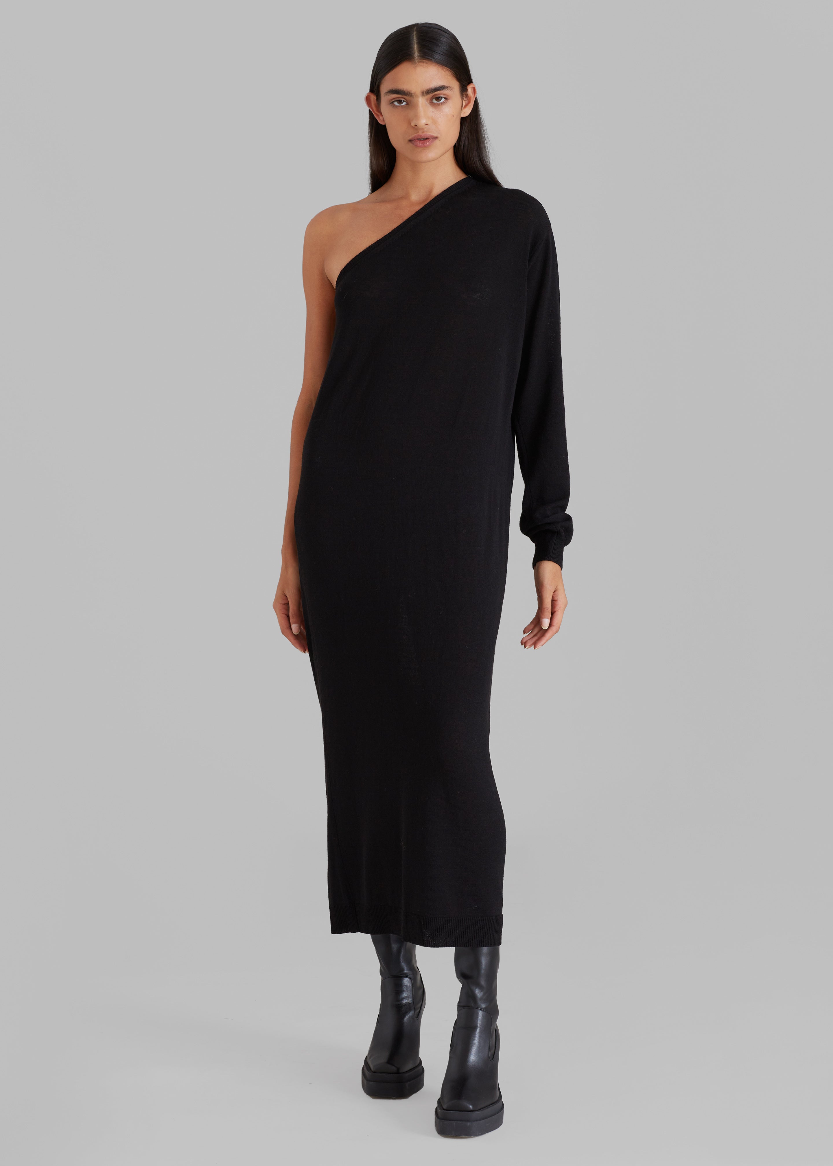 Lina One Shoulder Loose Knit Dress - Black - 3