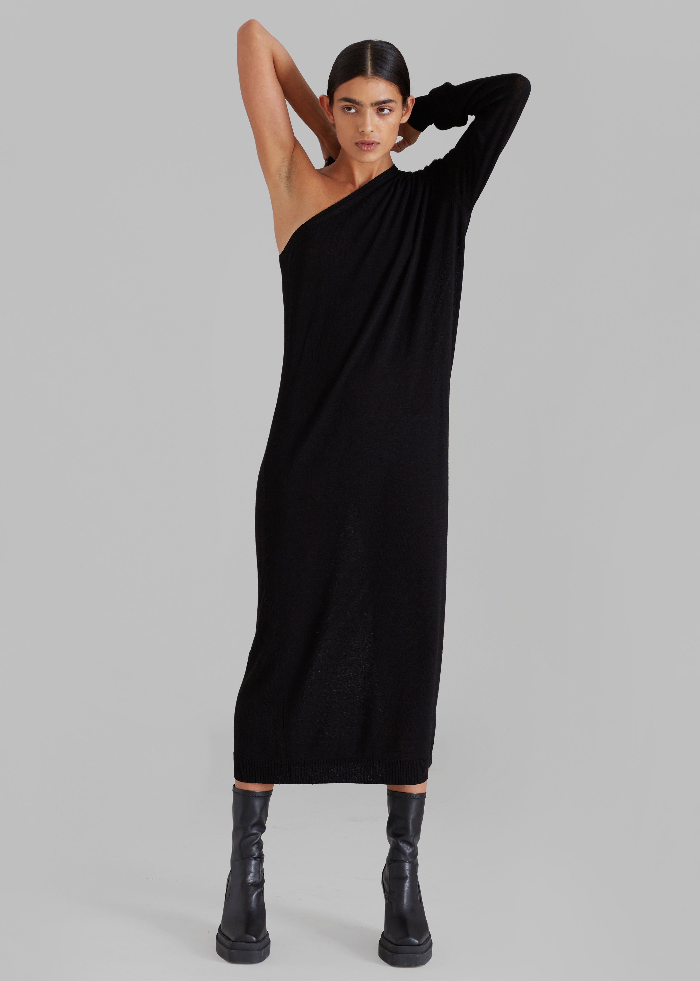 Lina One Shoulder Loose Knit Dress - Black - 6