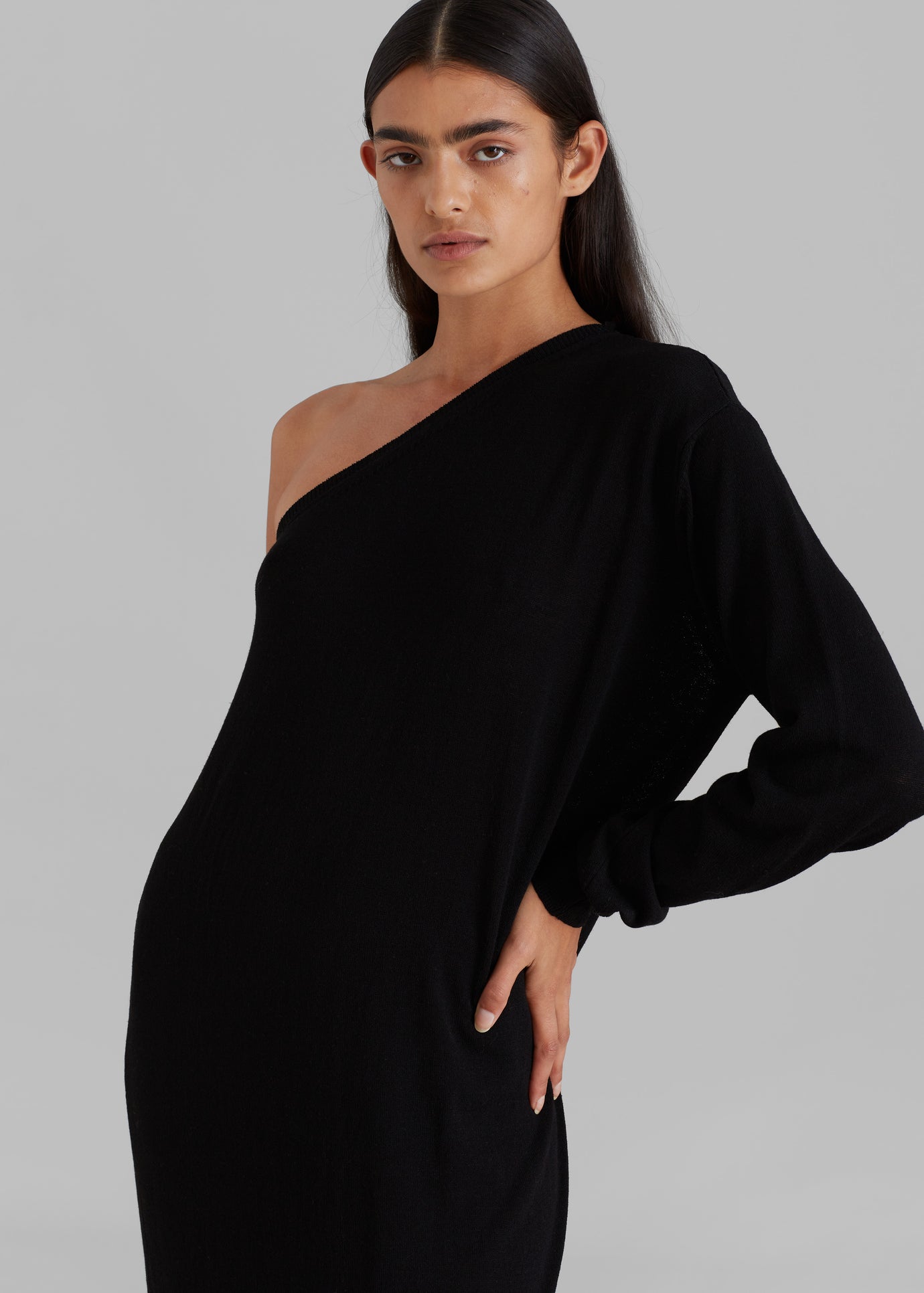Lina One Shoulder Loose Knit Dress - Black - 1