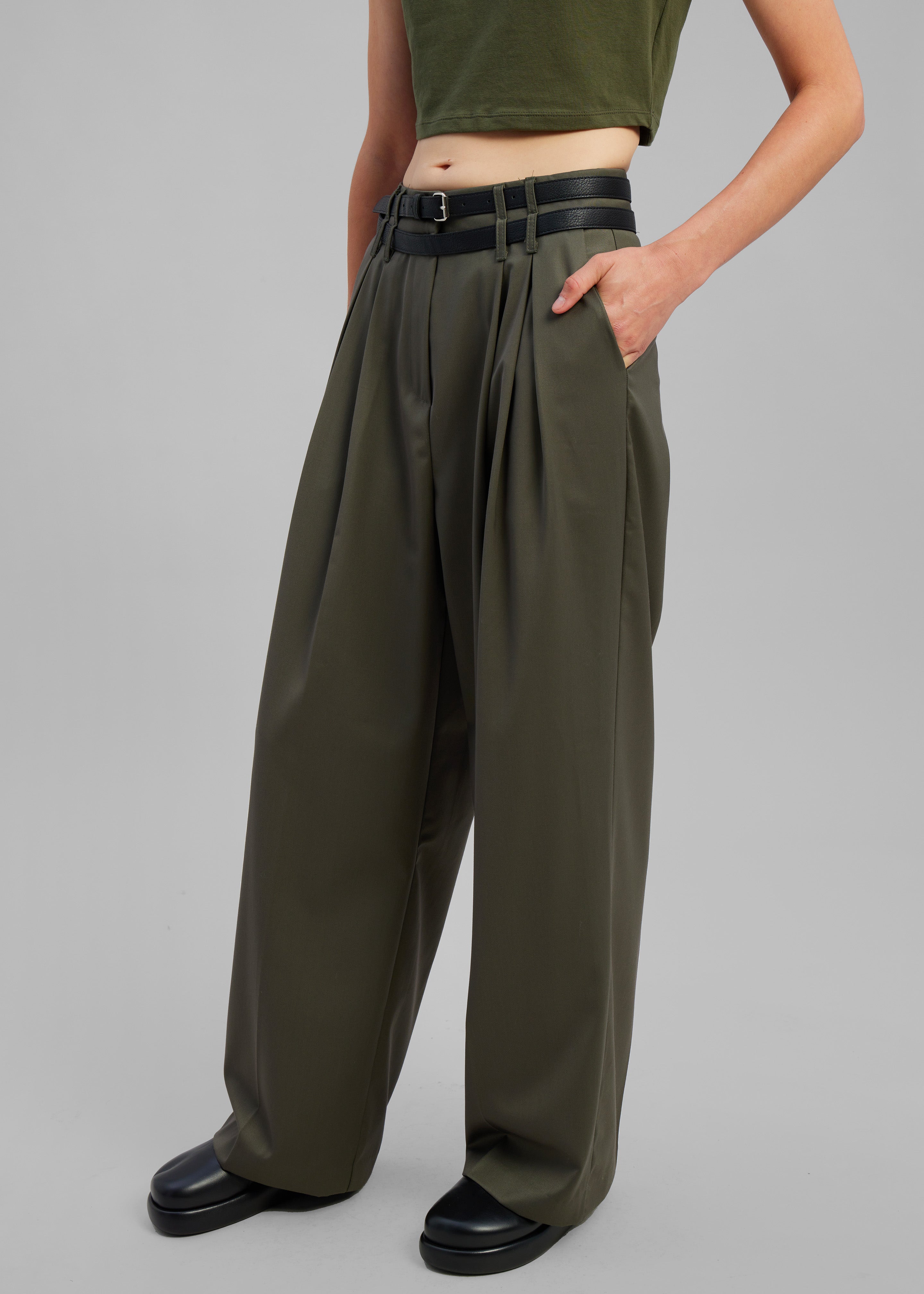 Nellie Belted Pleated Pants - Olive - 2