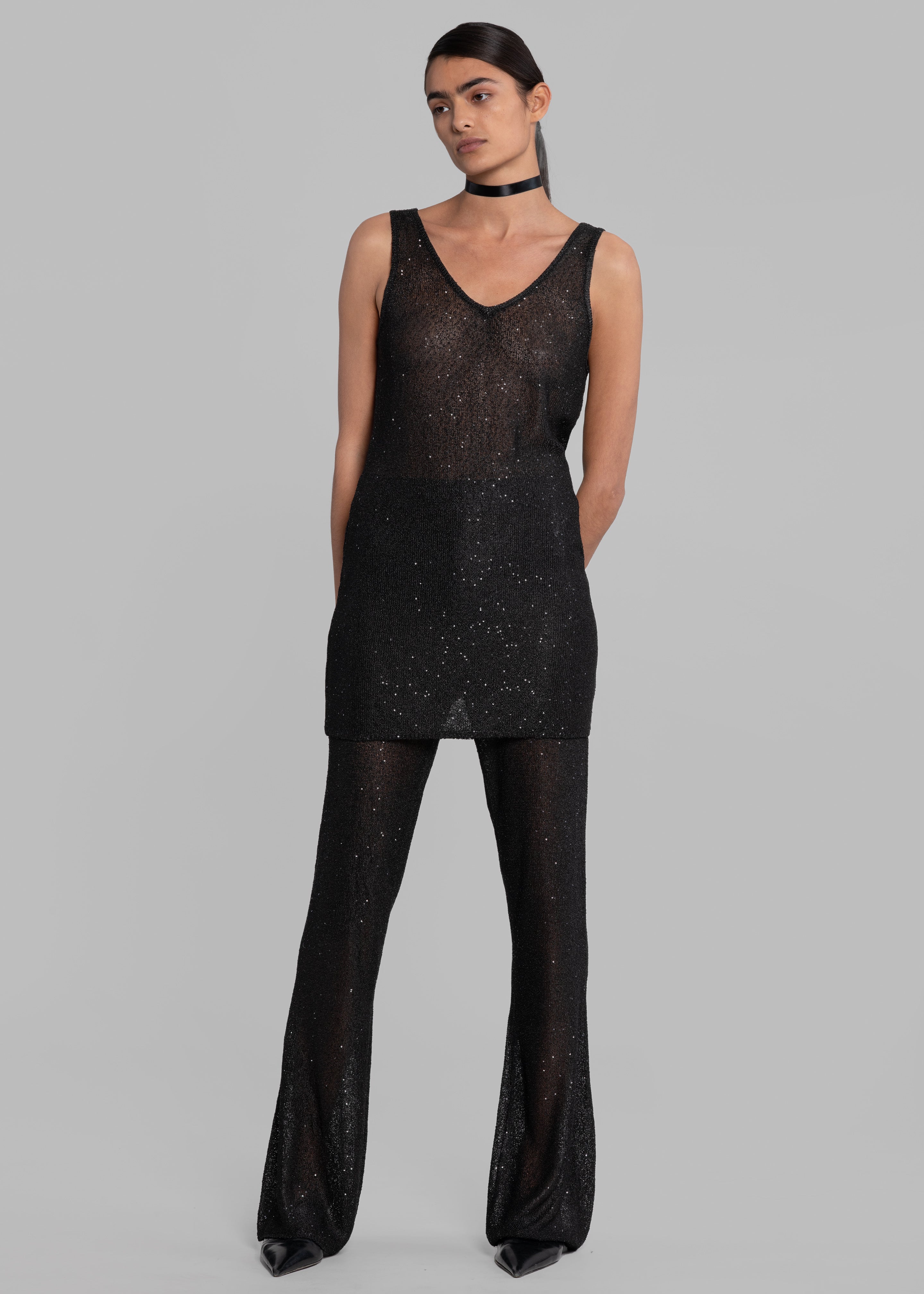REMAIN Sequin Knit Fitted Flared Pants - Black - 5