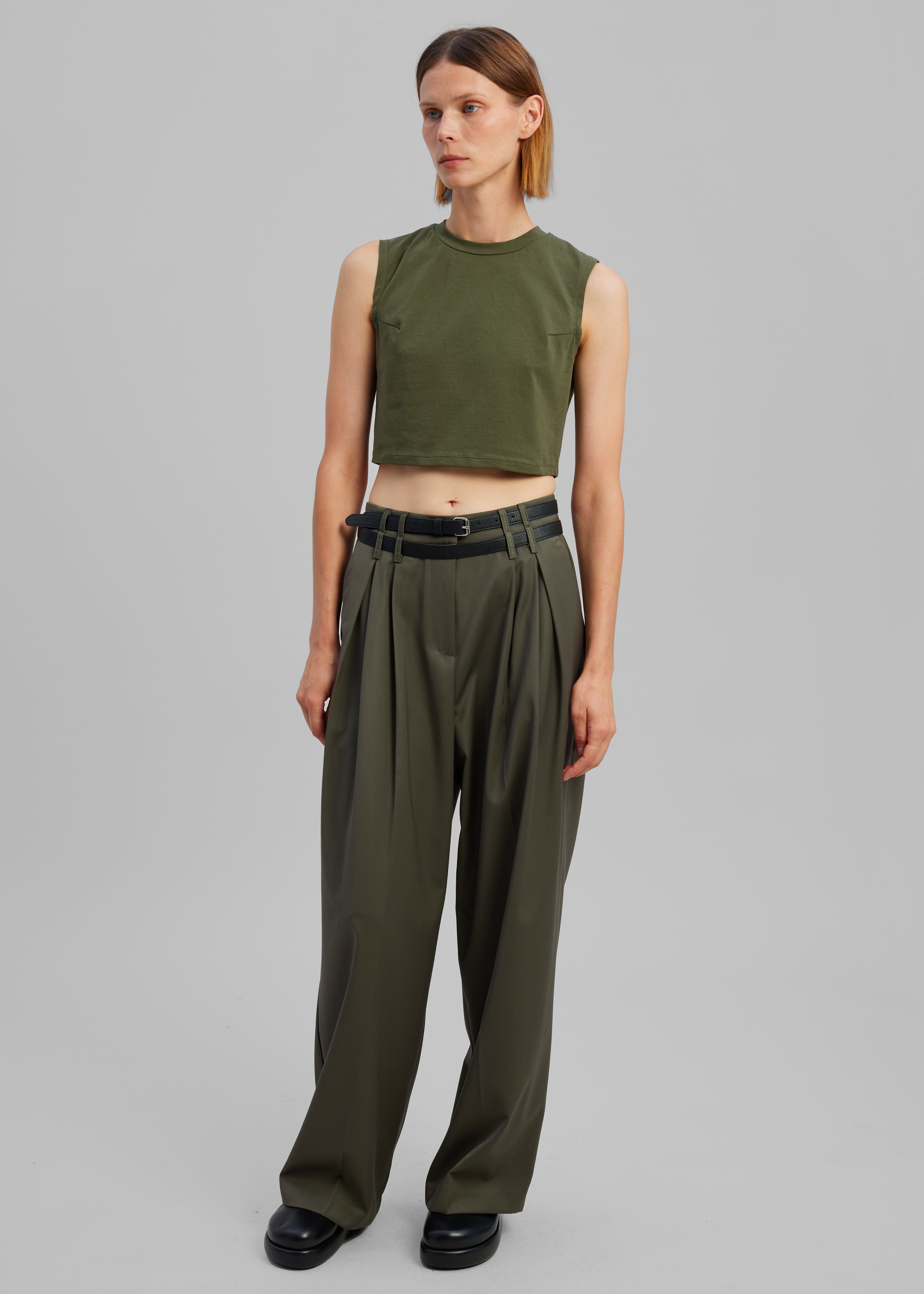 Nellie Belted Pleated Pants - Olive - 4