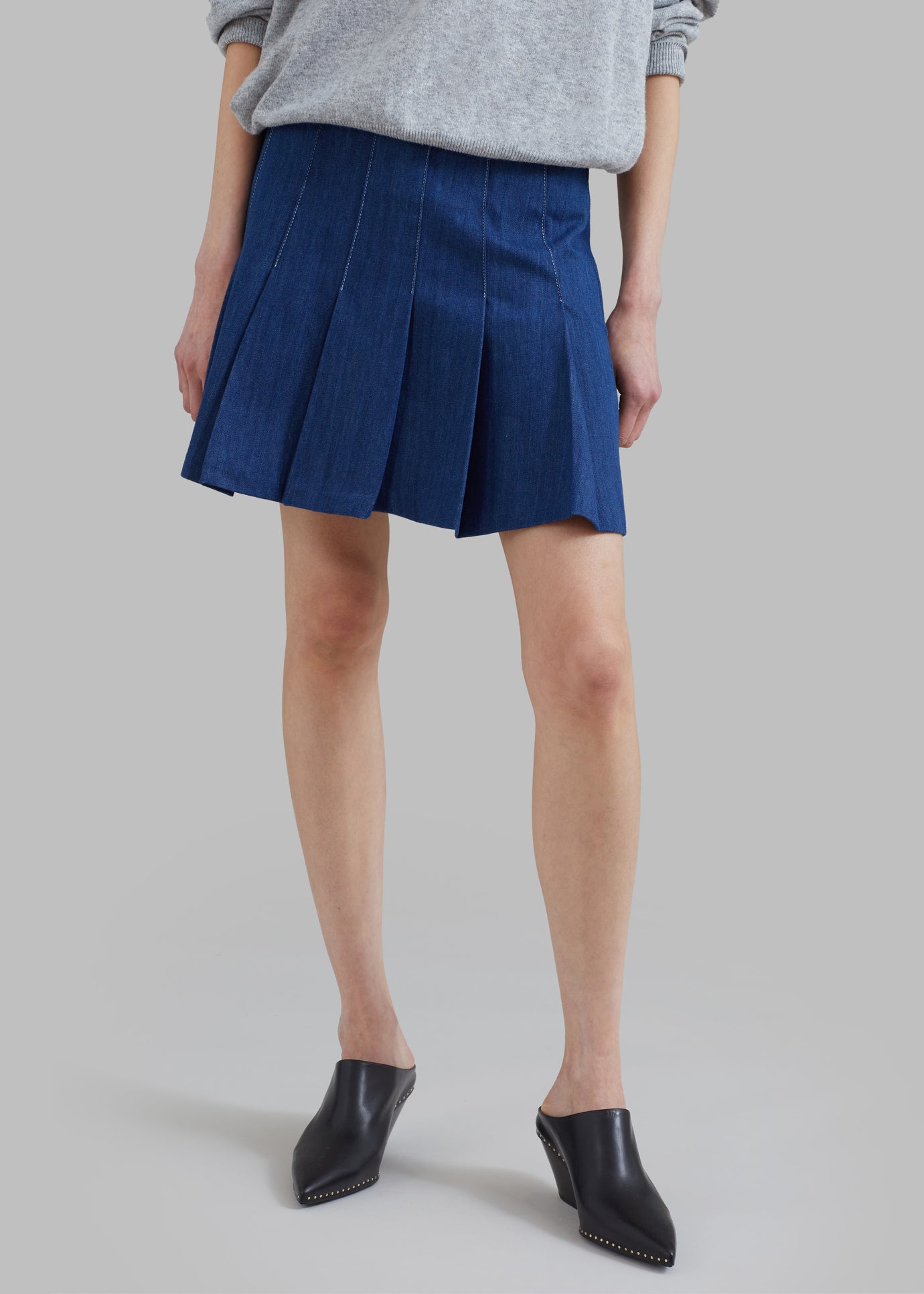 Sase Pleated Denim Skirt - Blue - 1