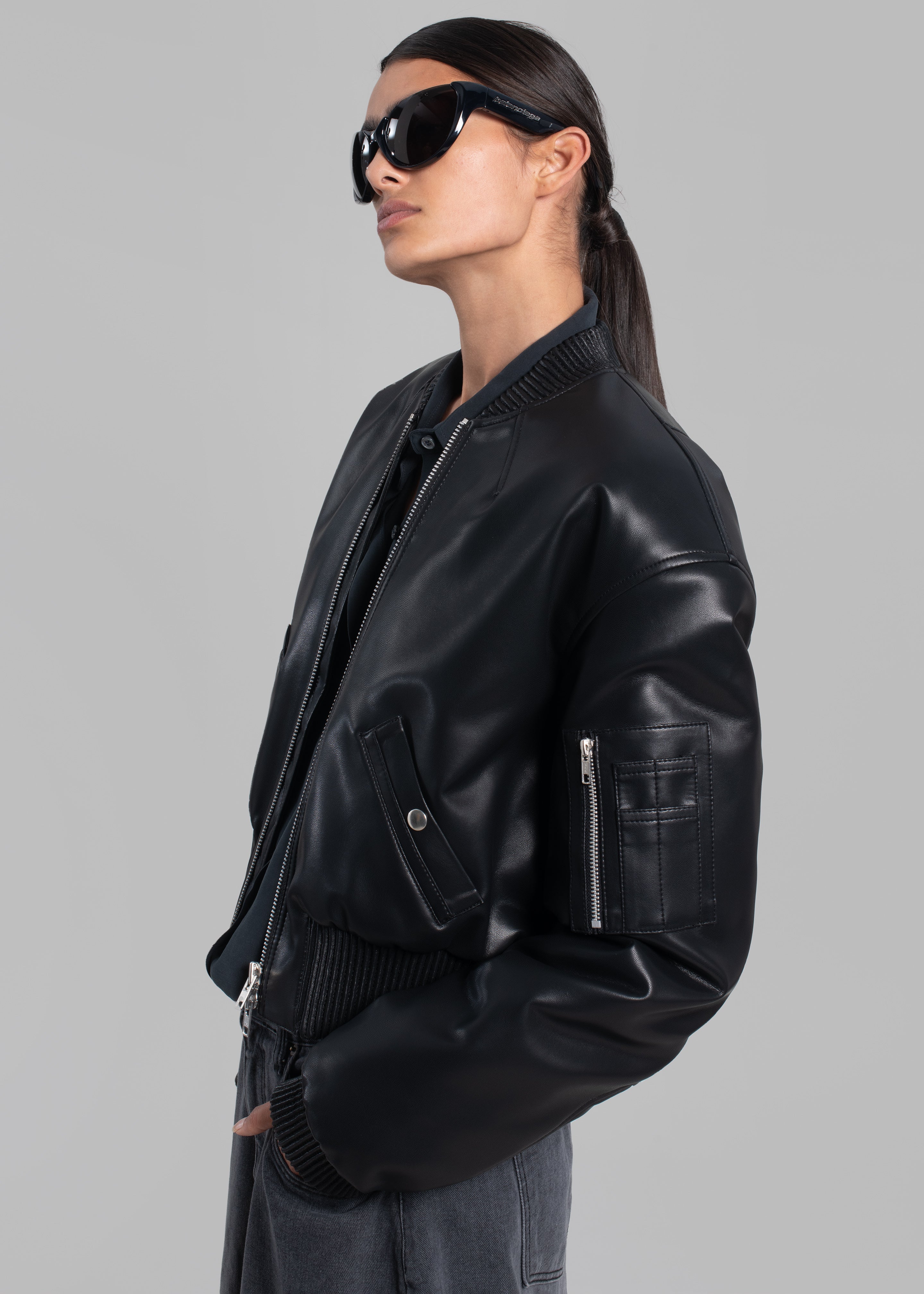 Sille Faux-Leather Cropped Bomber - Black