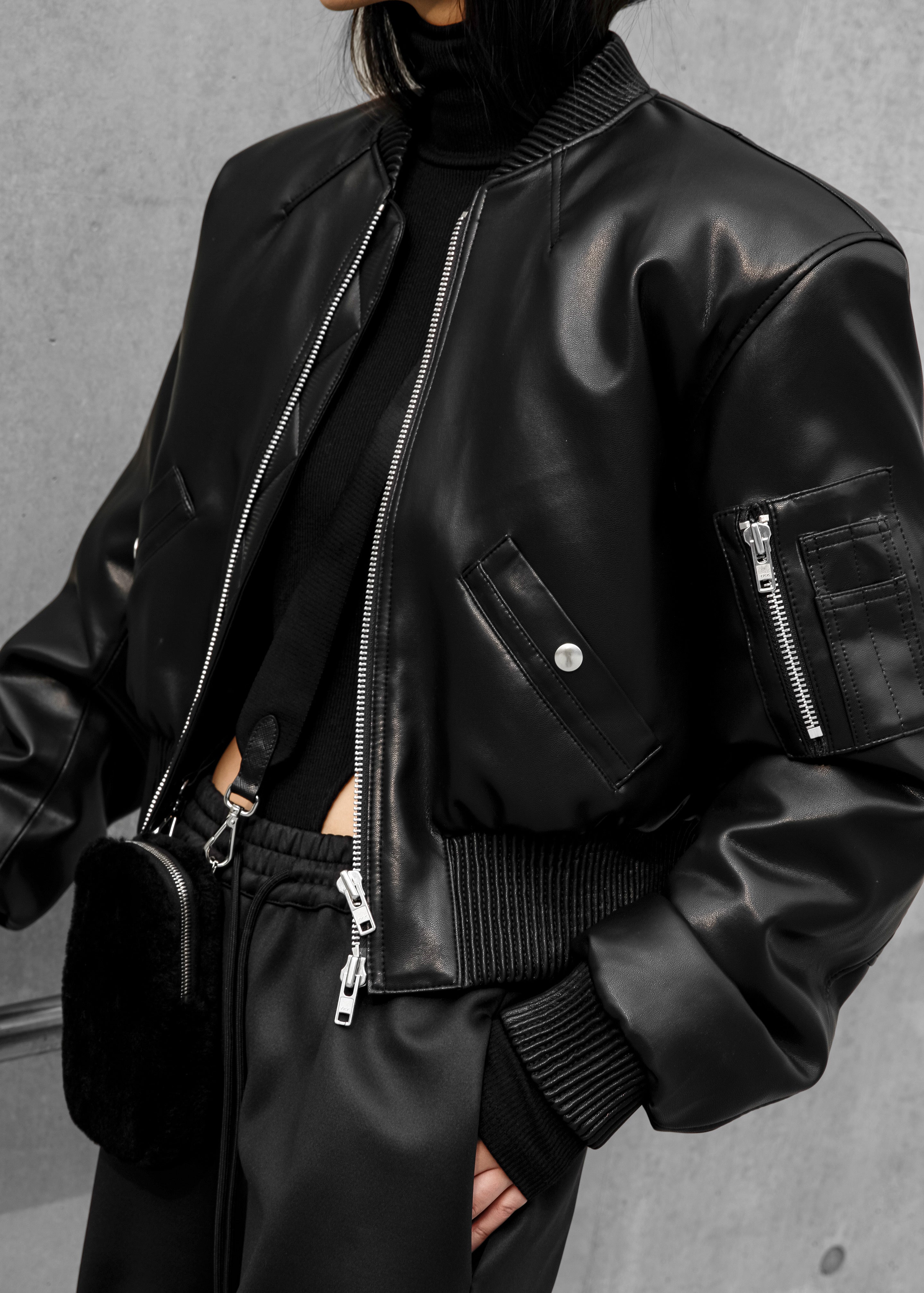 Sille Faux-Leather Cropped Bomber - Black - 12