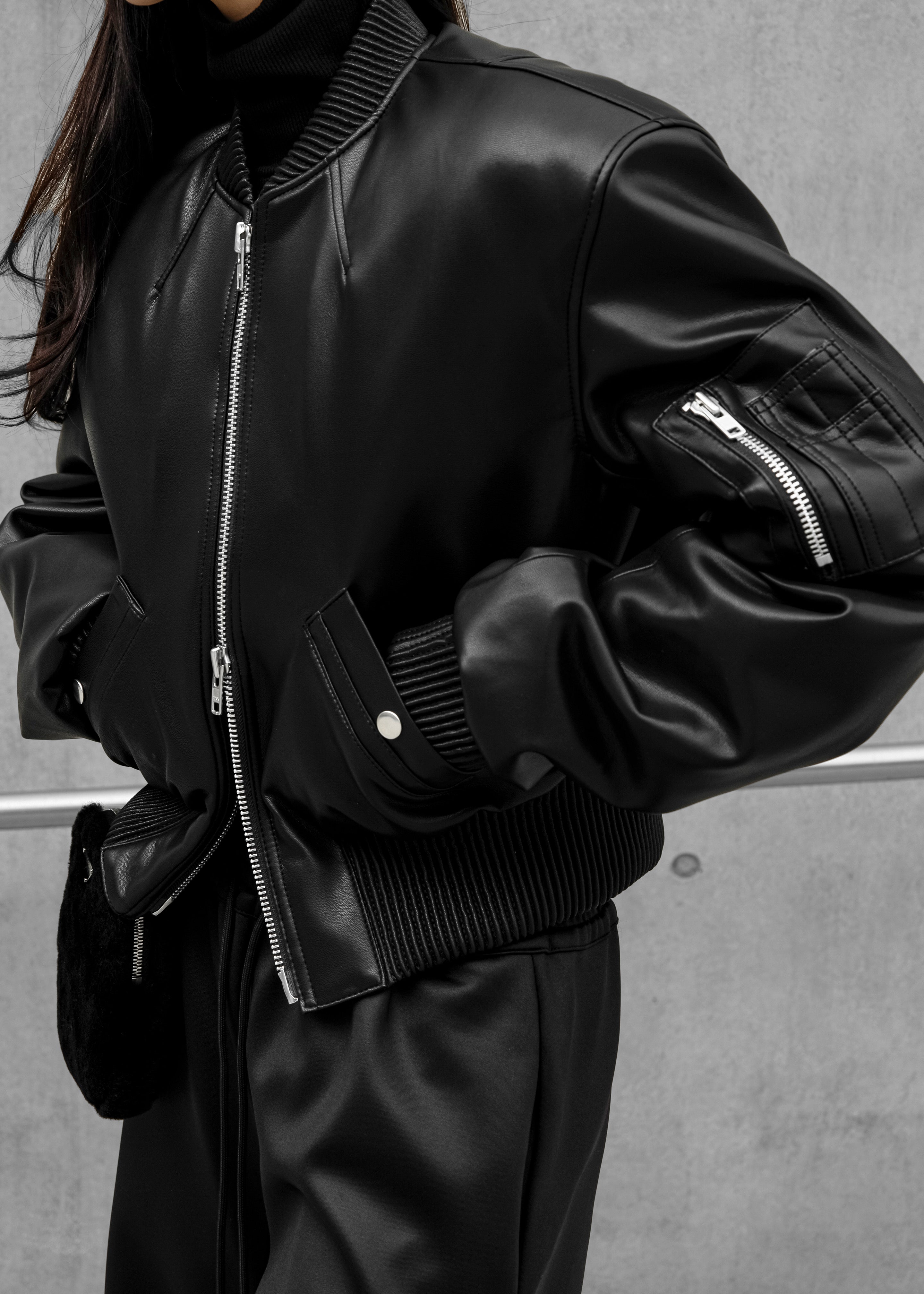 Sille Faux-Leather Cropped Bomber - Black - 7