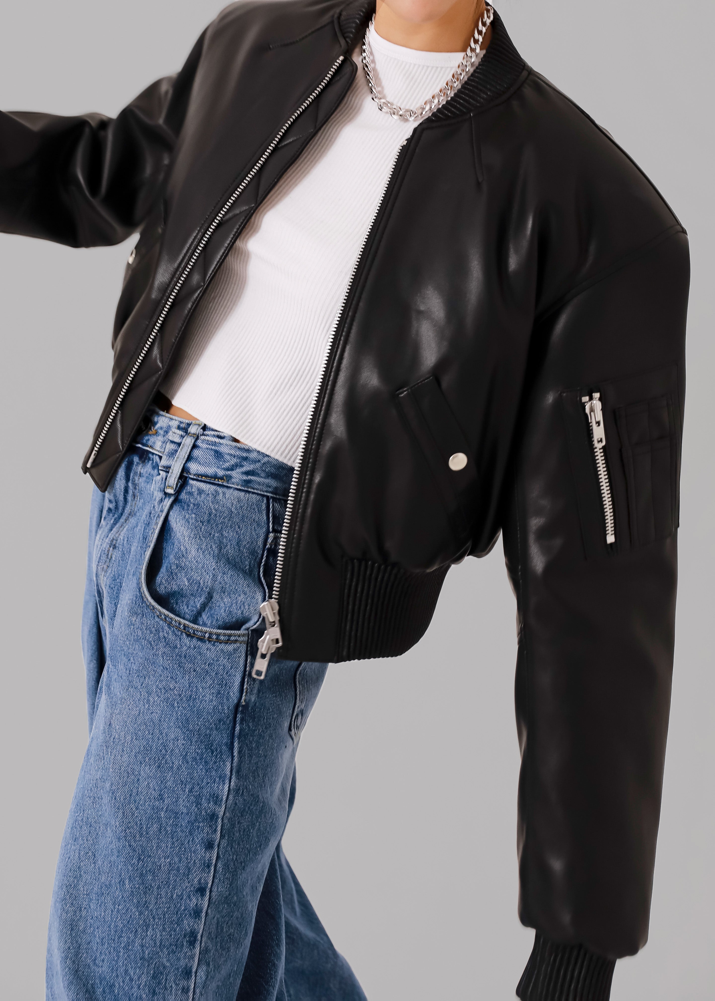 Sille Faux-Leather Cropped Bomber - Black - 1
