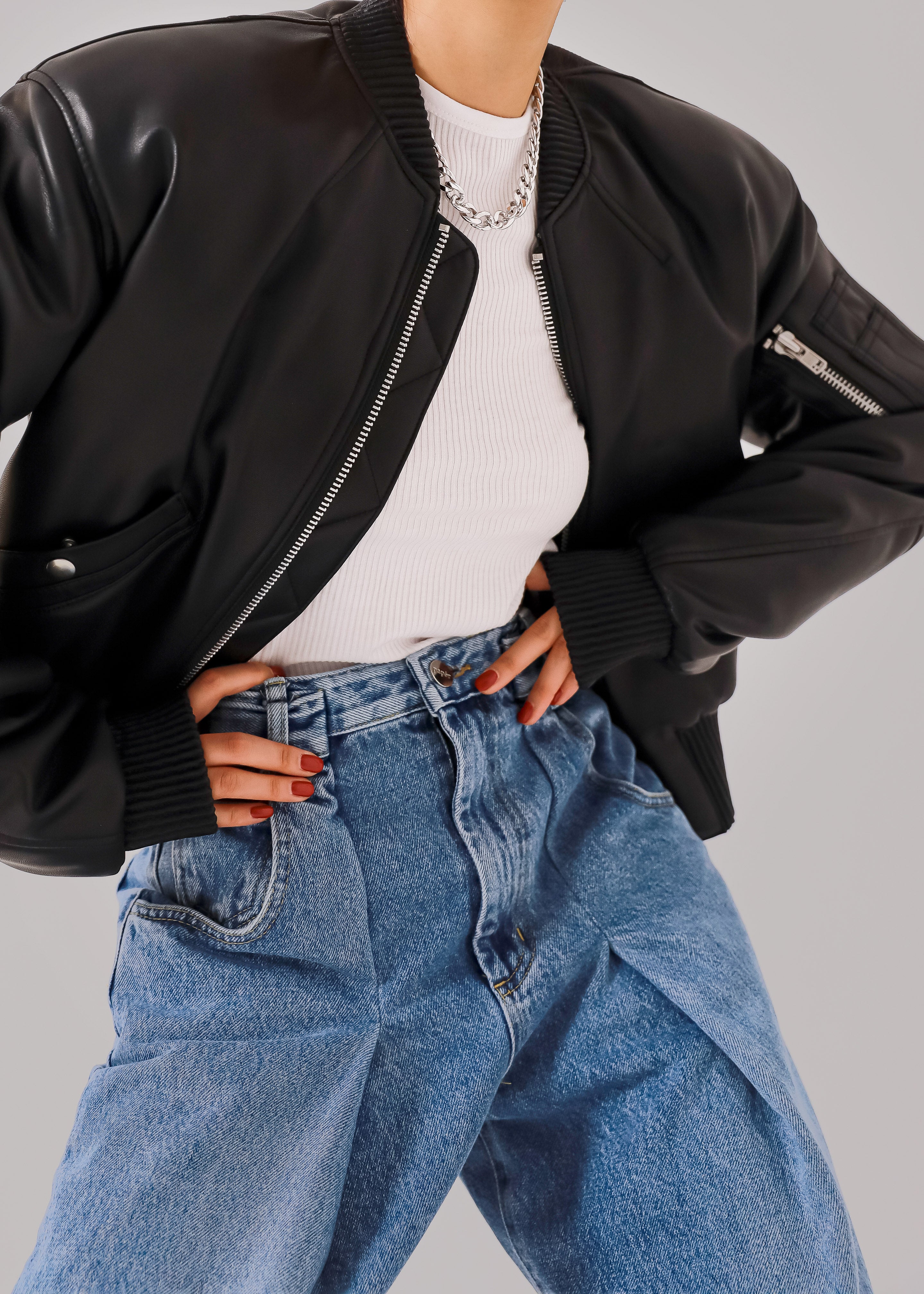 Sille Faux-Leather Cropped Bomber - Black - 5