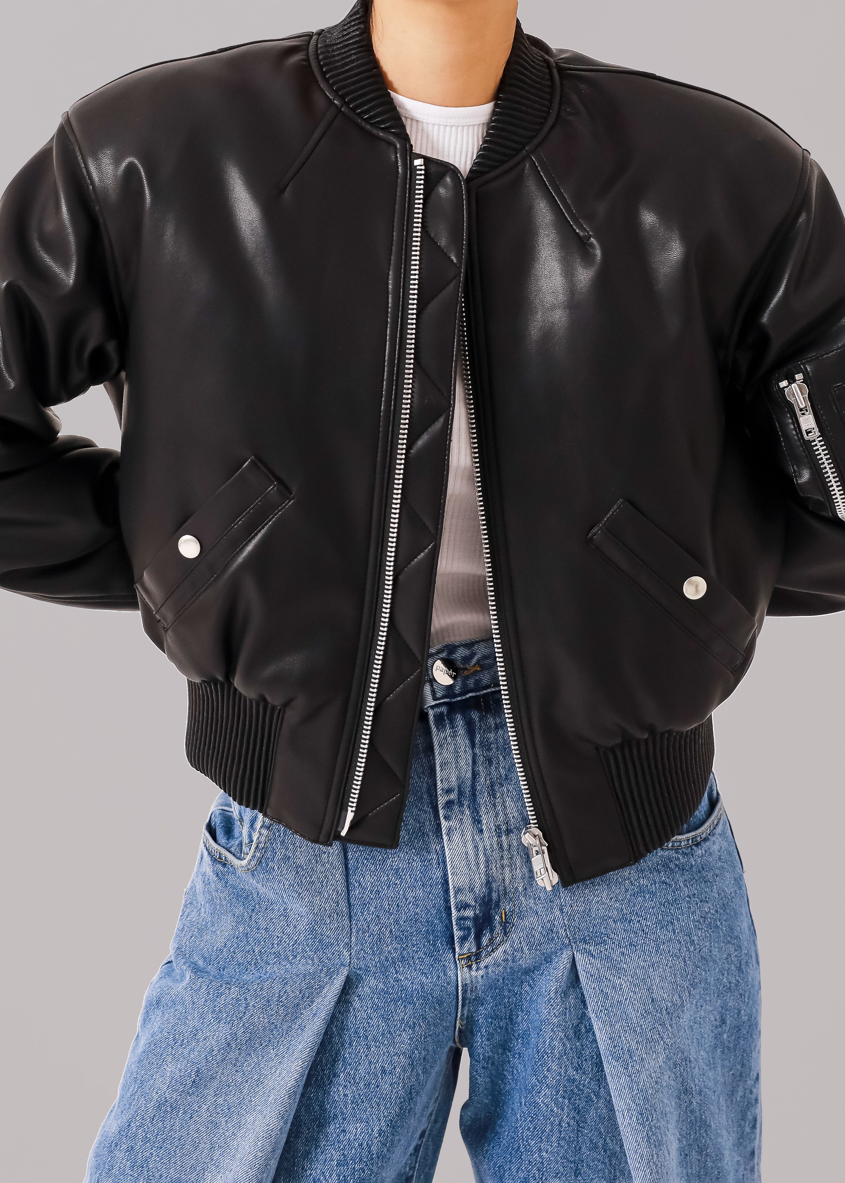 The Frankie Shop Cropped Black Bomber Sille Faux-Leather Cropped