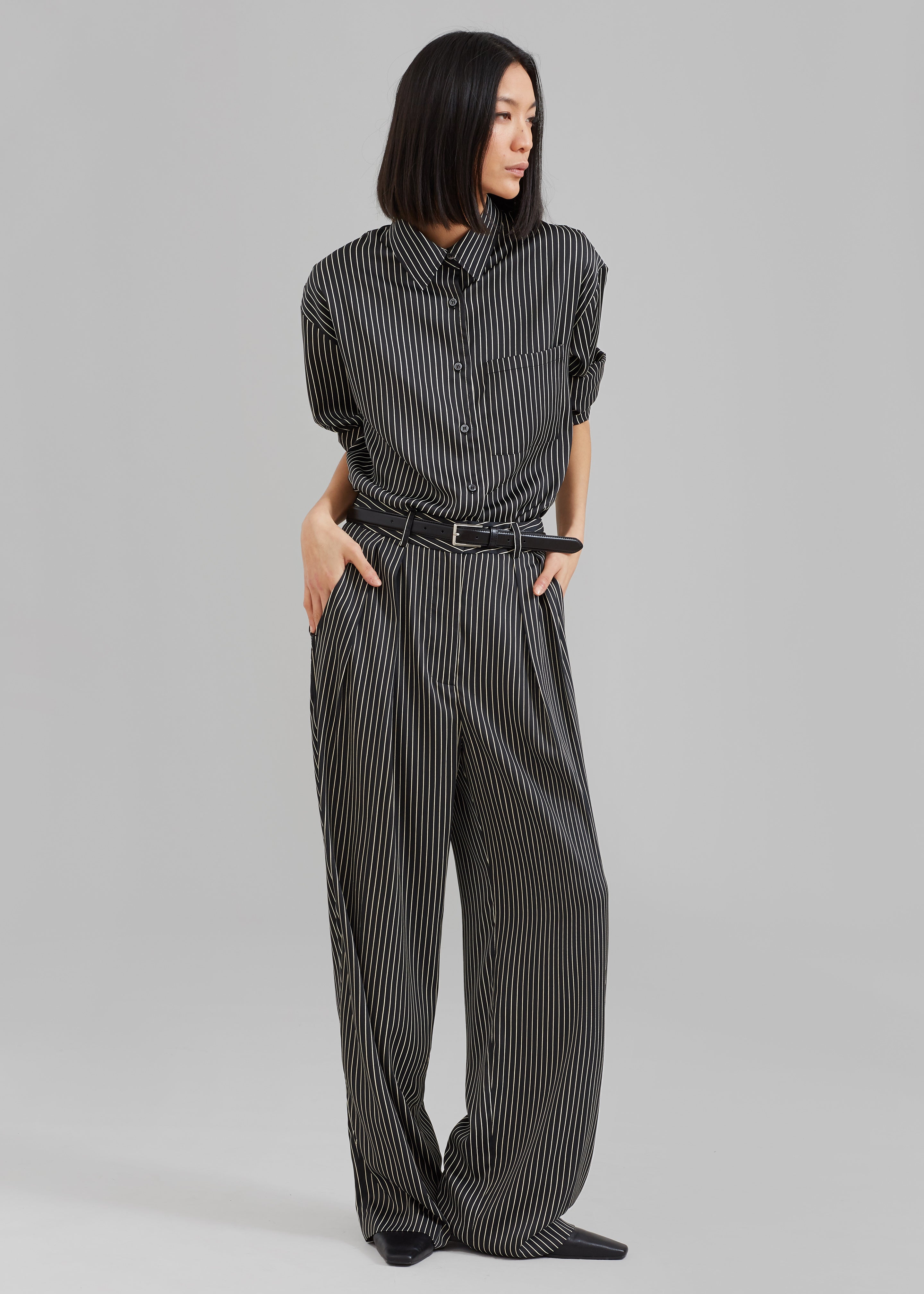 Tansy Satin Pants - Black Pinstripe - 1