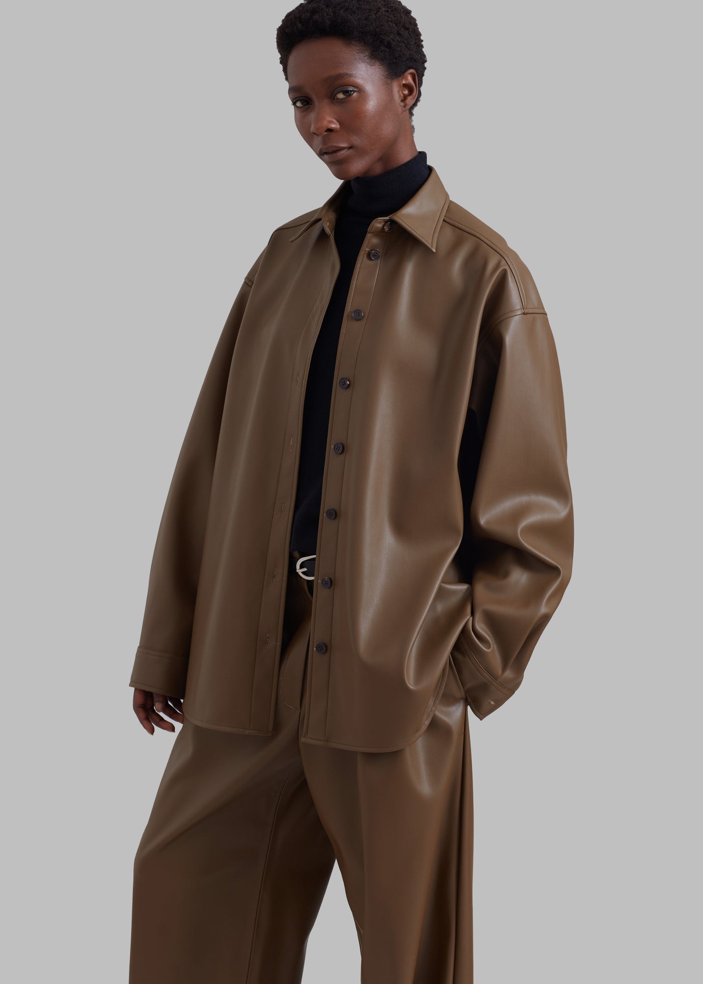 Tranton Faux Leather Shirt - Brown - 1