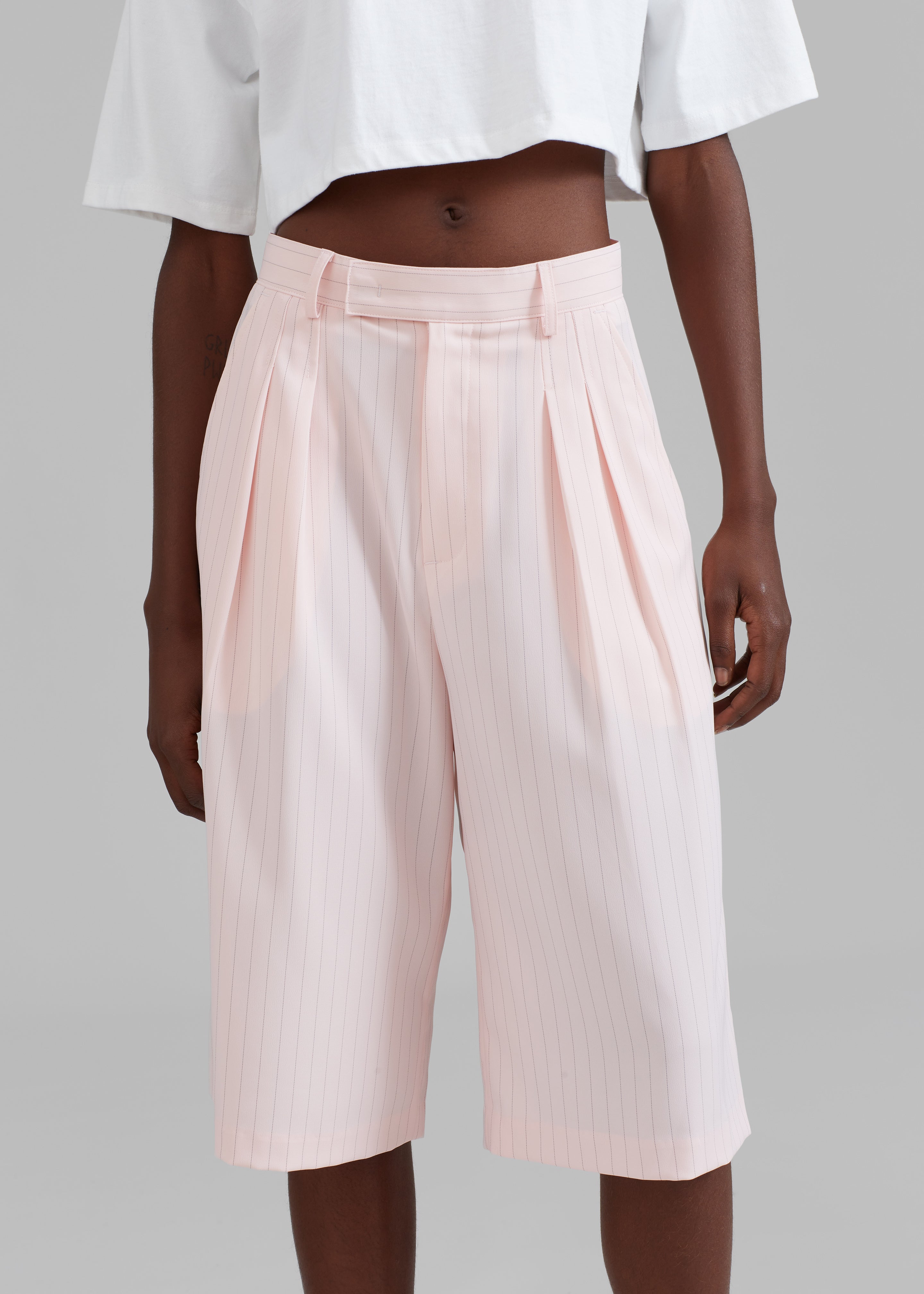 Vivian Fluid Pleated Bermuda Shorts - Pink Pinstripe