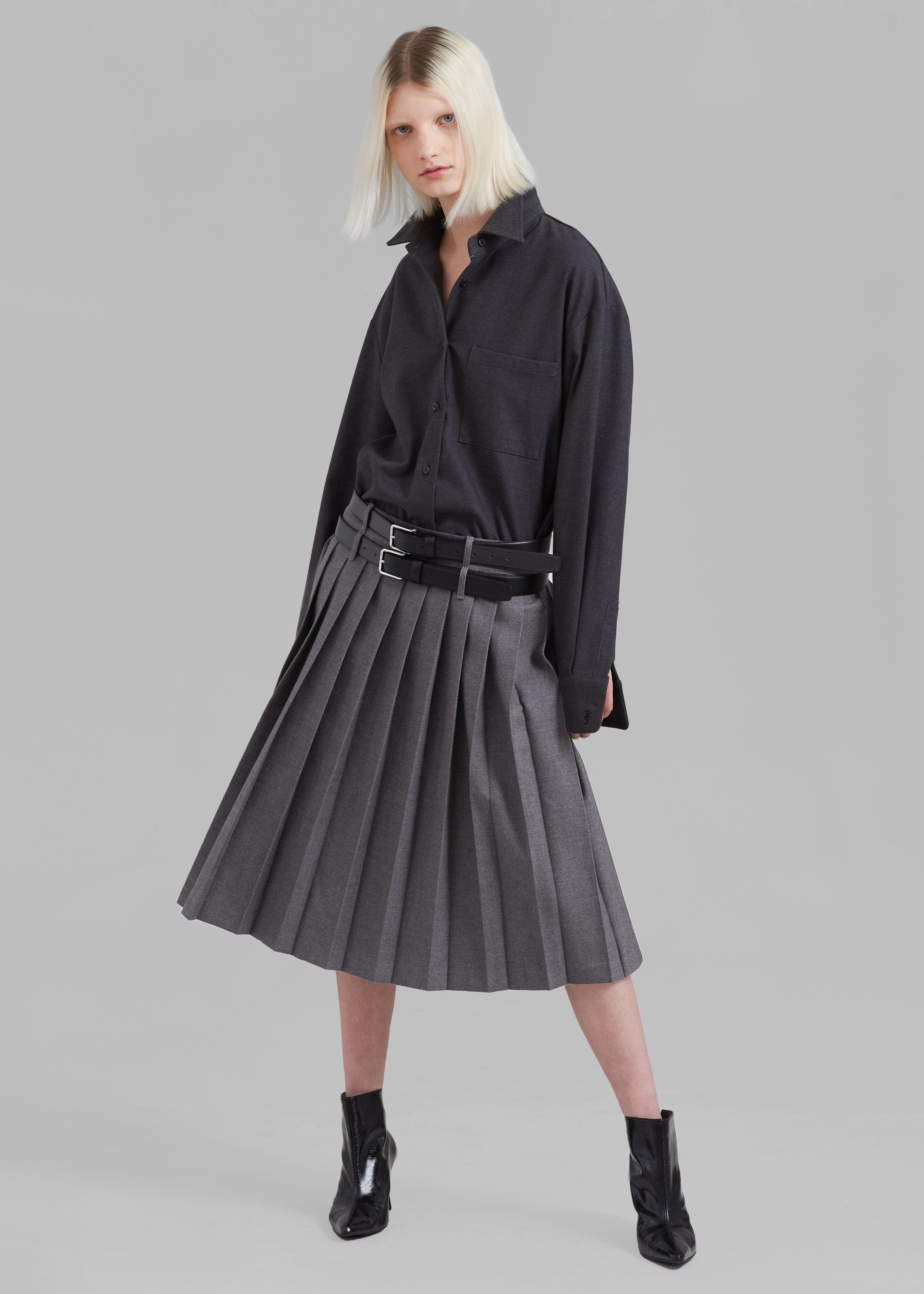 Wednesday Belted Pleated Skirt - Dark Grey Melange - 1