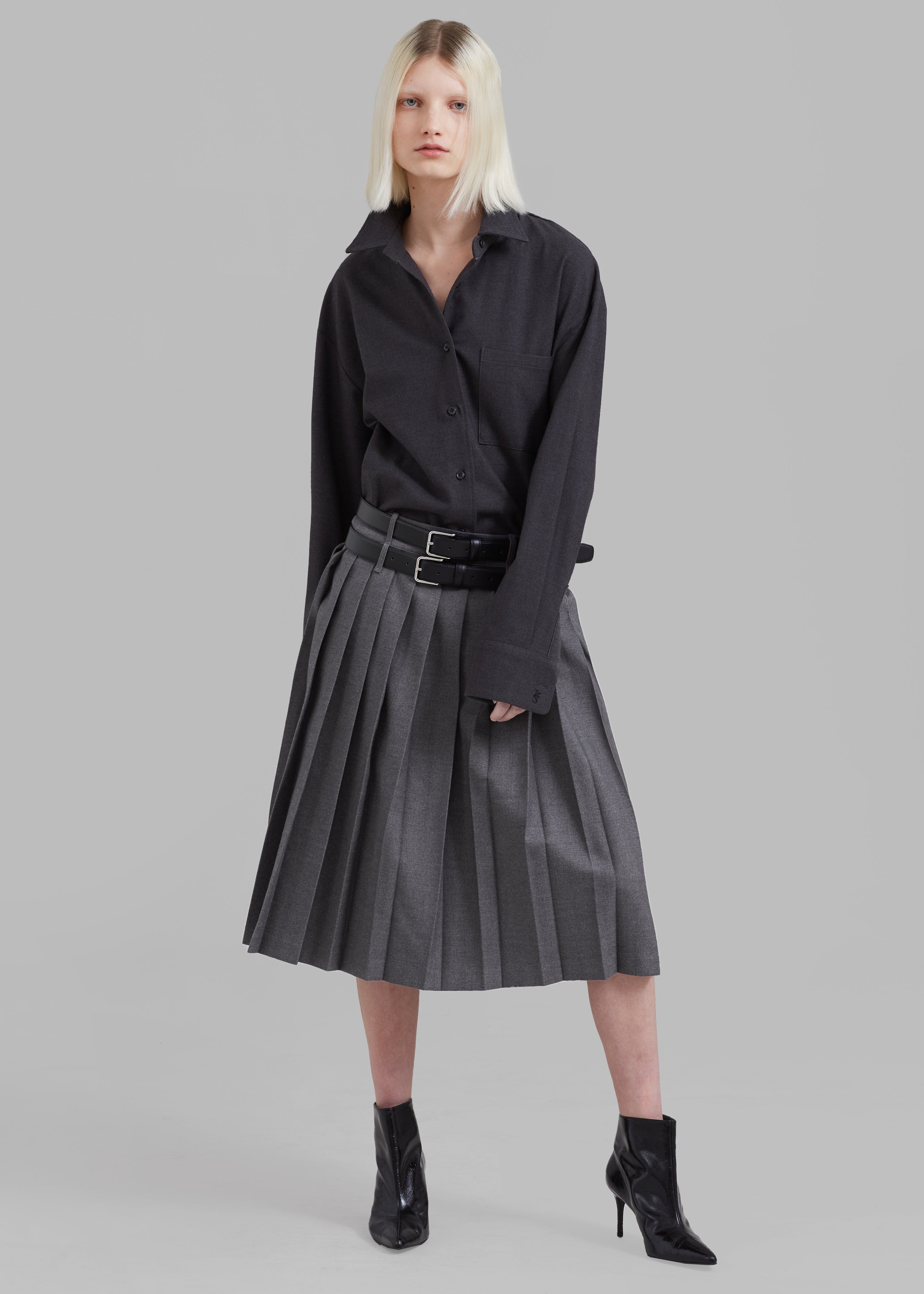 Wednesday Belted Pleated Skirt - Dark Grey Melange - 4