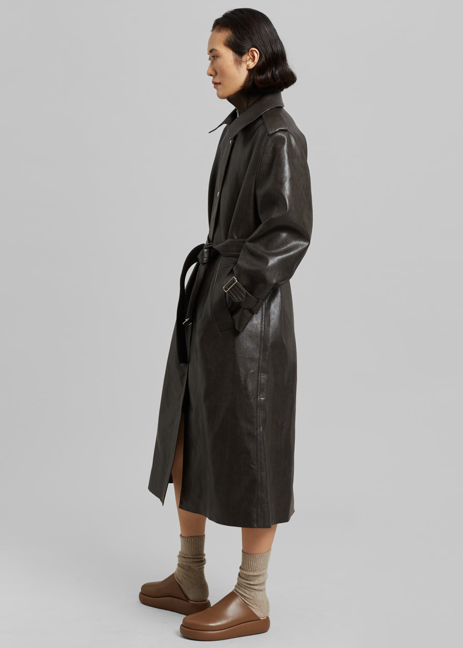 The Frankie Shop Connie Faux Leather Belted Trench Coat - Black