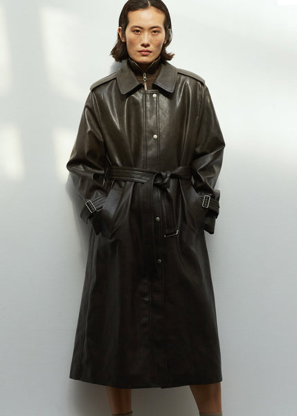 The Frankie Shop Connie Faux Leather Belted Trench Coat - Black