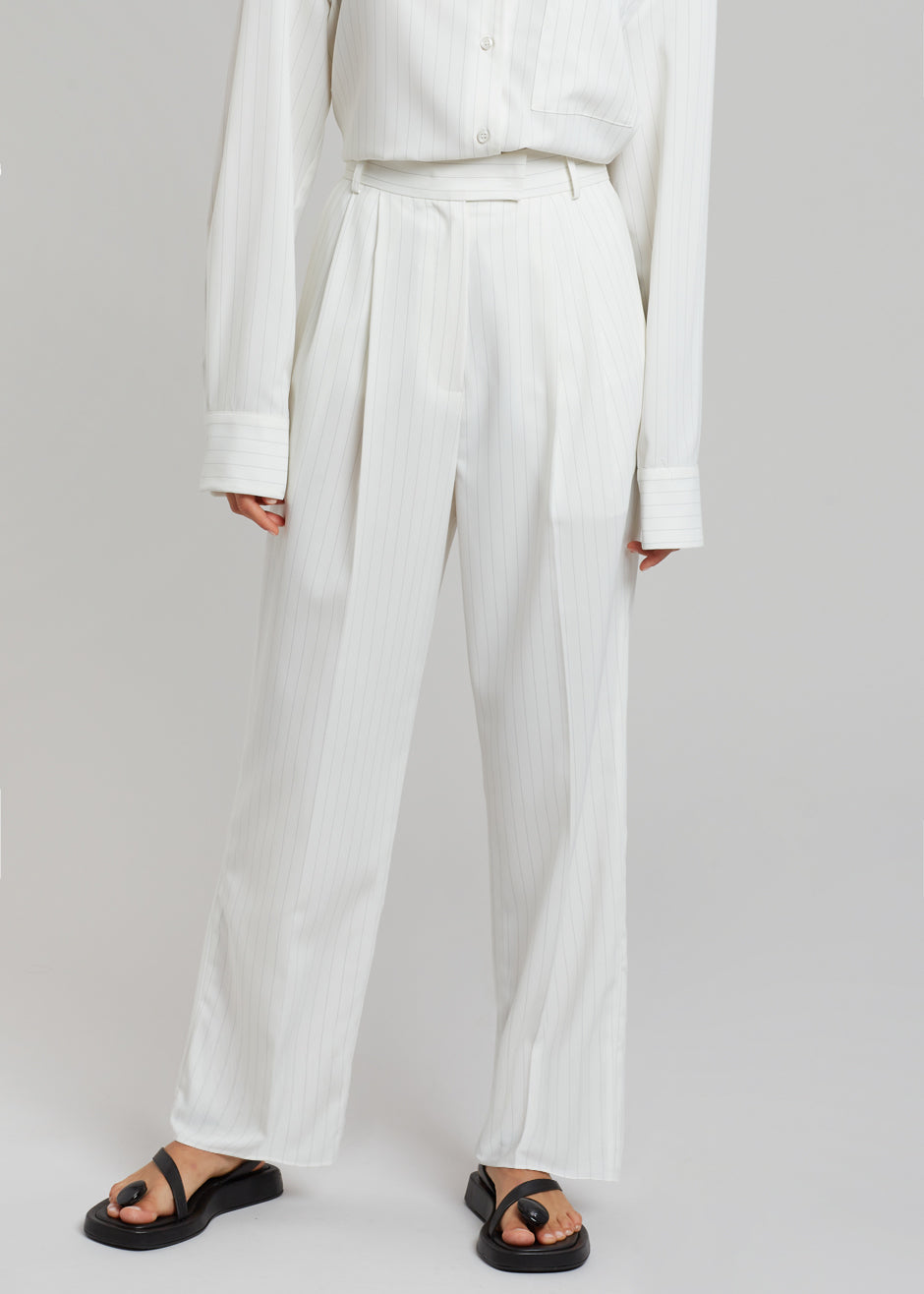 Bea Fluid Pinstripe Suit Pants - Off White - 1