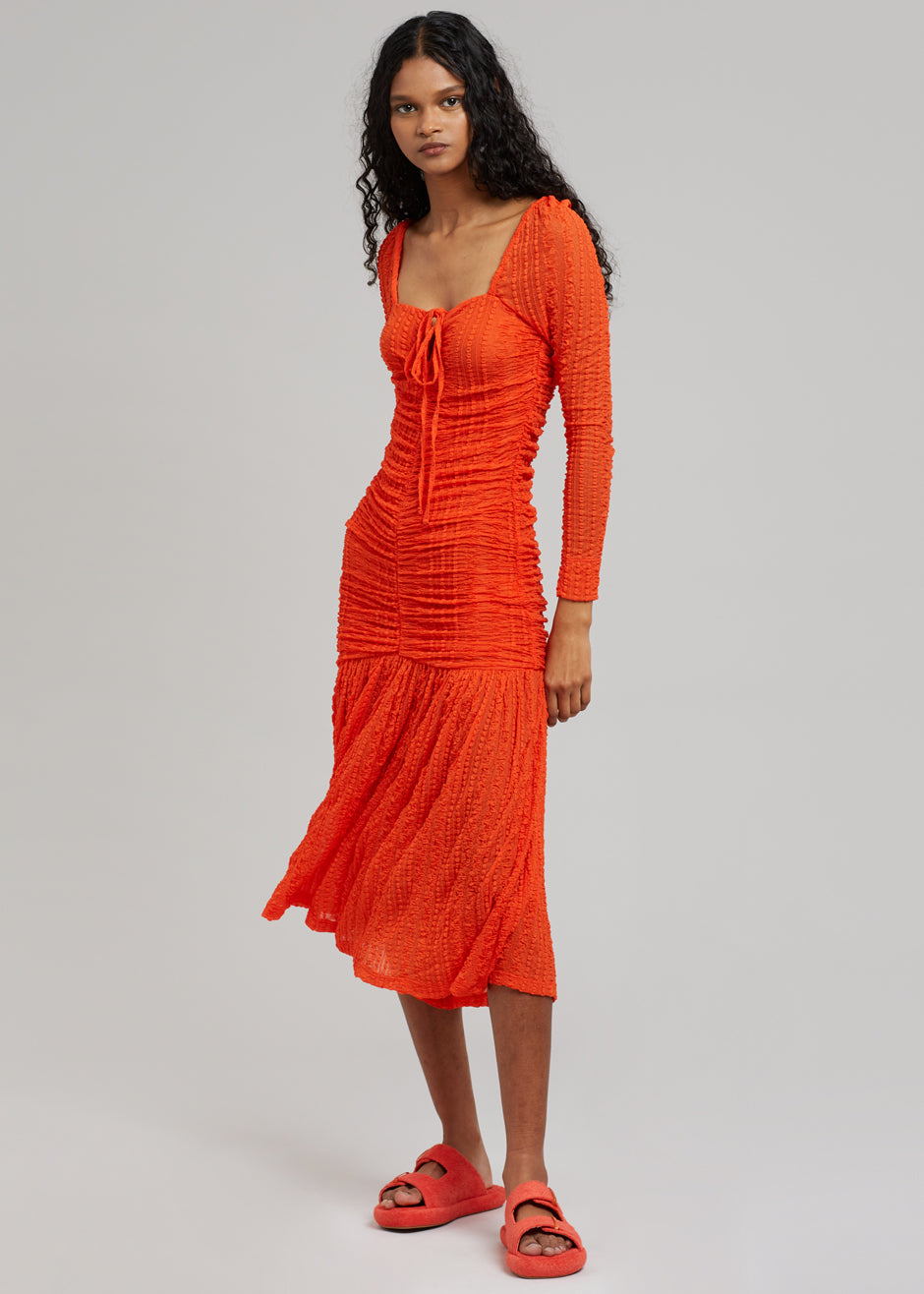 GANNI Ruched Lace Midi Dress - Orangedotcom - 7