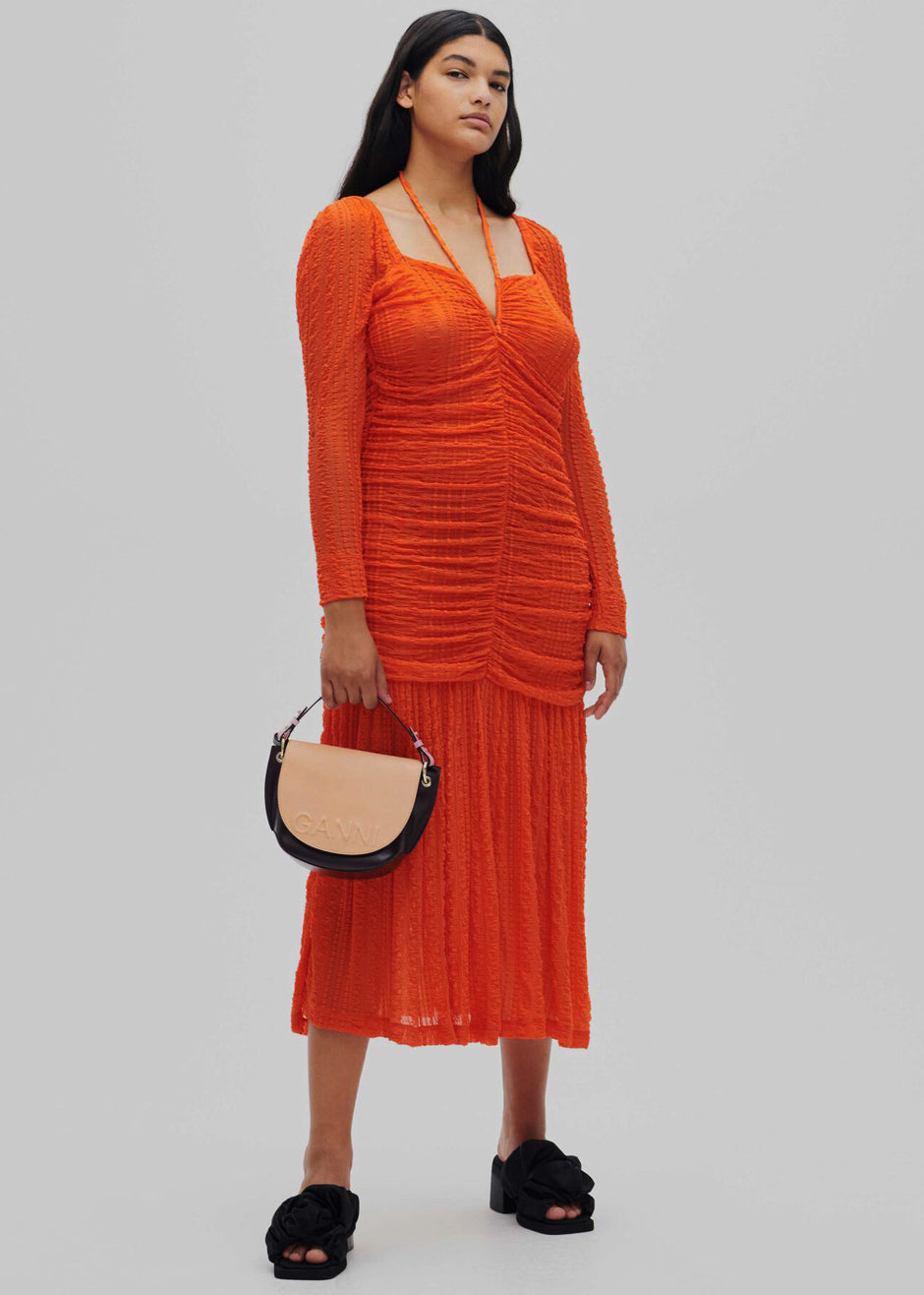 GANNI Ruched Lace Midi Dress - Orangedotcom