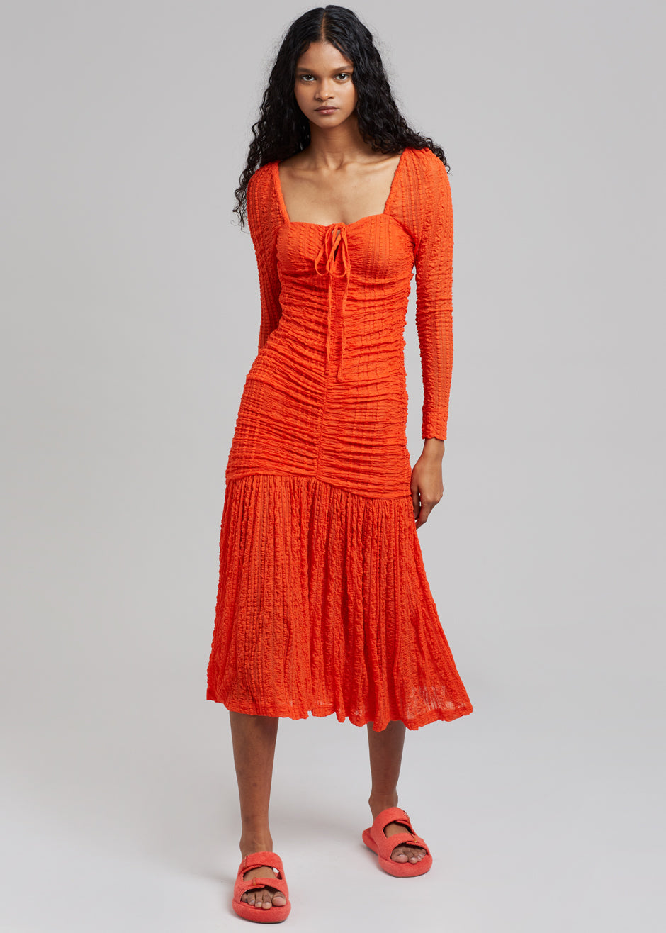GANNI Ruched Lace Midi Dress - Orangedotcom