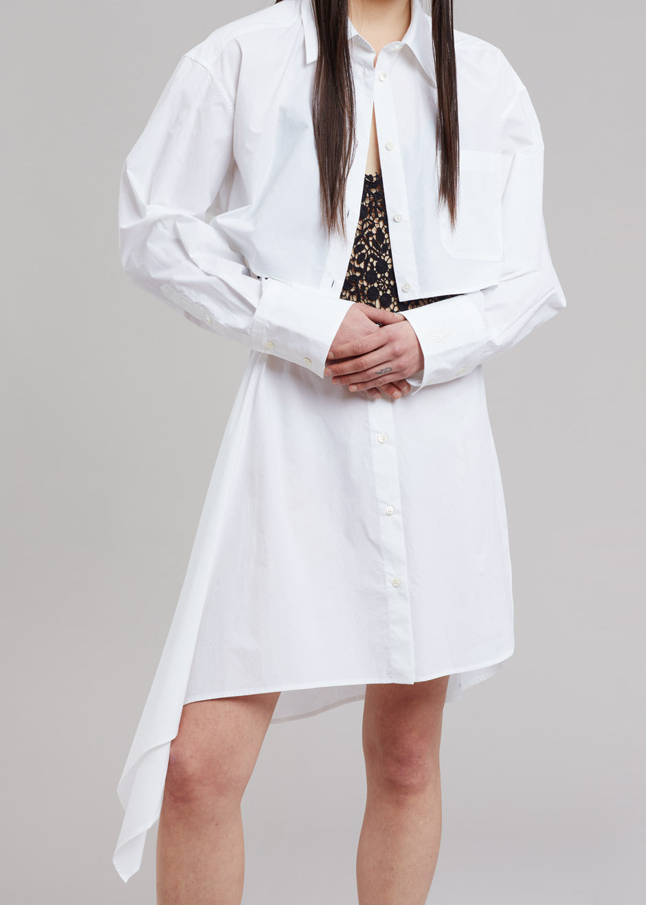 Asymmetric White Shirt Dress with contrast 3d mesh pockets – Ankur j