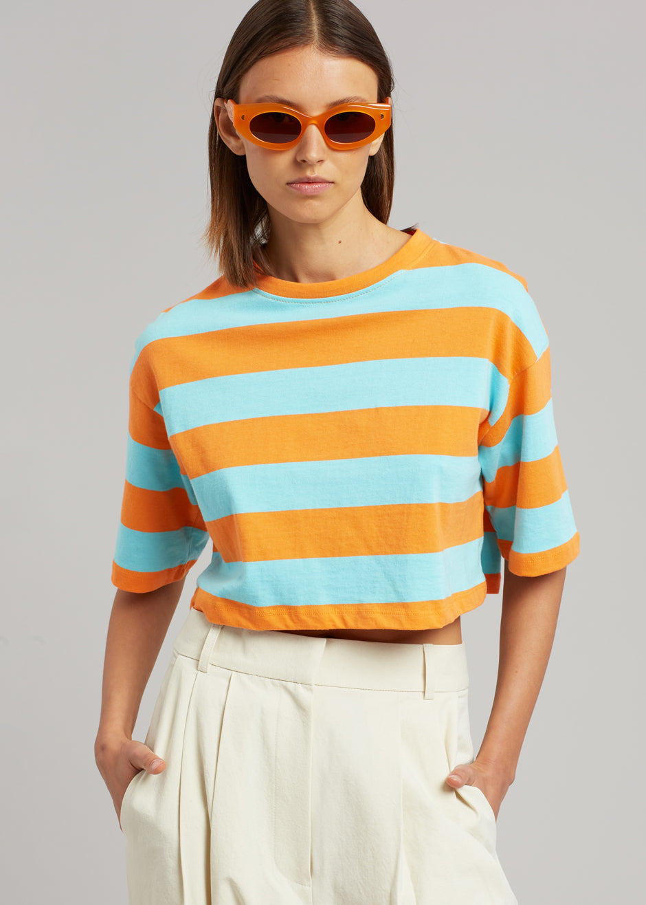 Karina Cropped T-Shirt - Turquoise/Bright Orange - 1