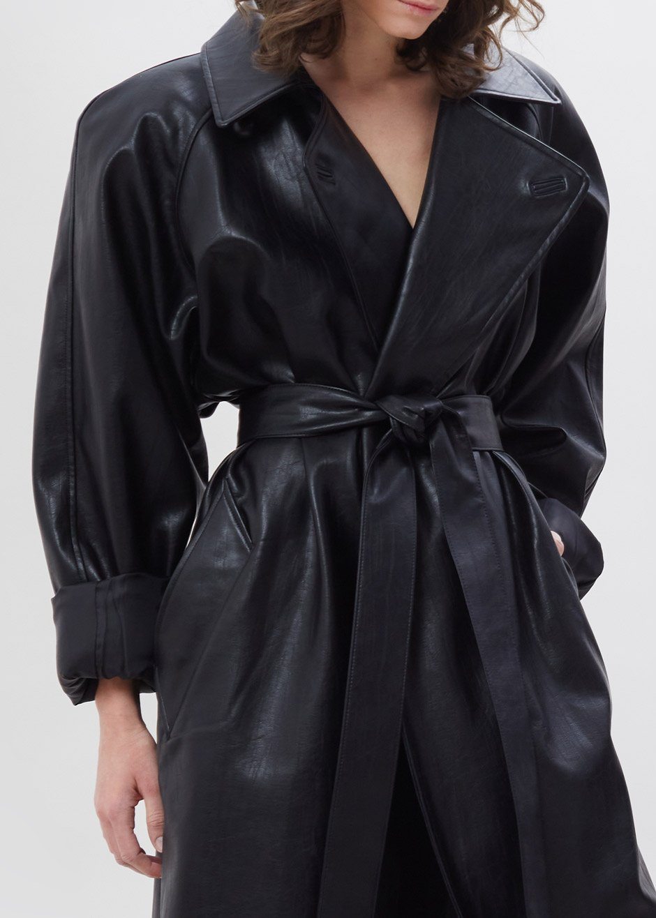 Henna Oversized Faux Leather Trench - Black - 3