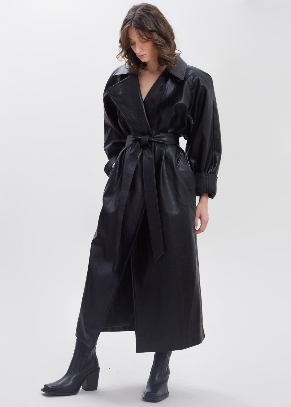 Henna Oversized Faux Leather Trench - Black - 8