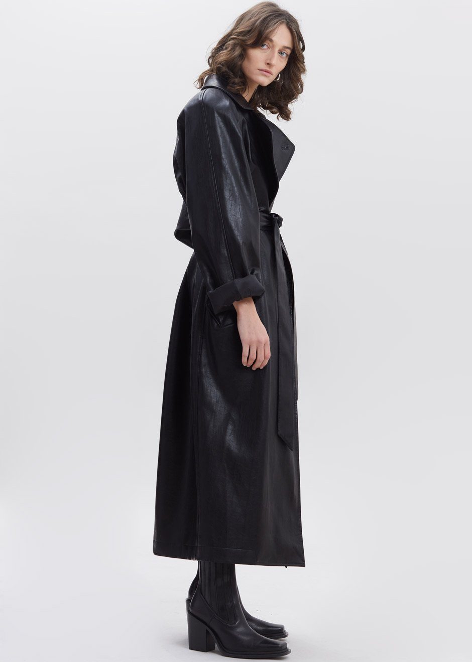 Henna Oversized Faux Leather Trench - Black - 5
