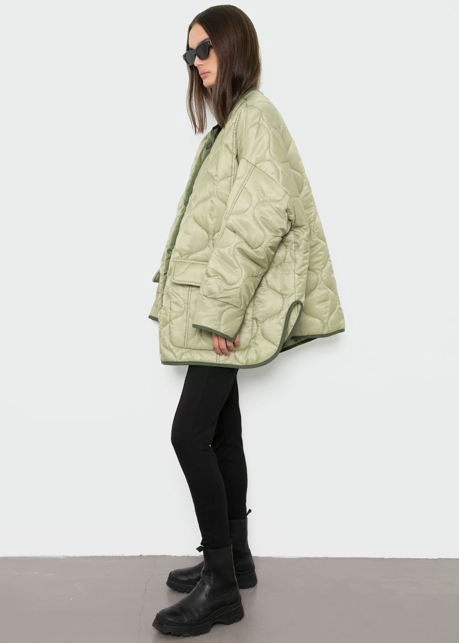 New Look collarless quilted jacket in light green