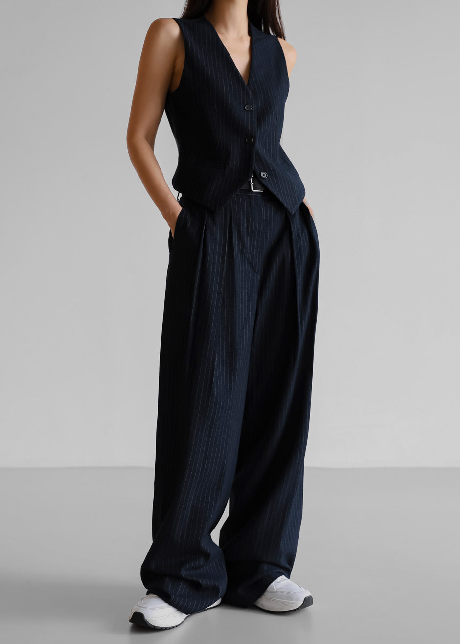 Tansy Pleated Trousers - Navy Pinstripe