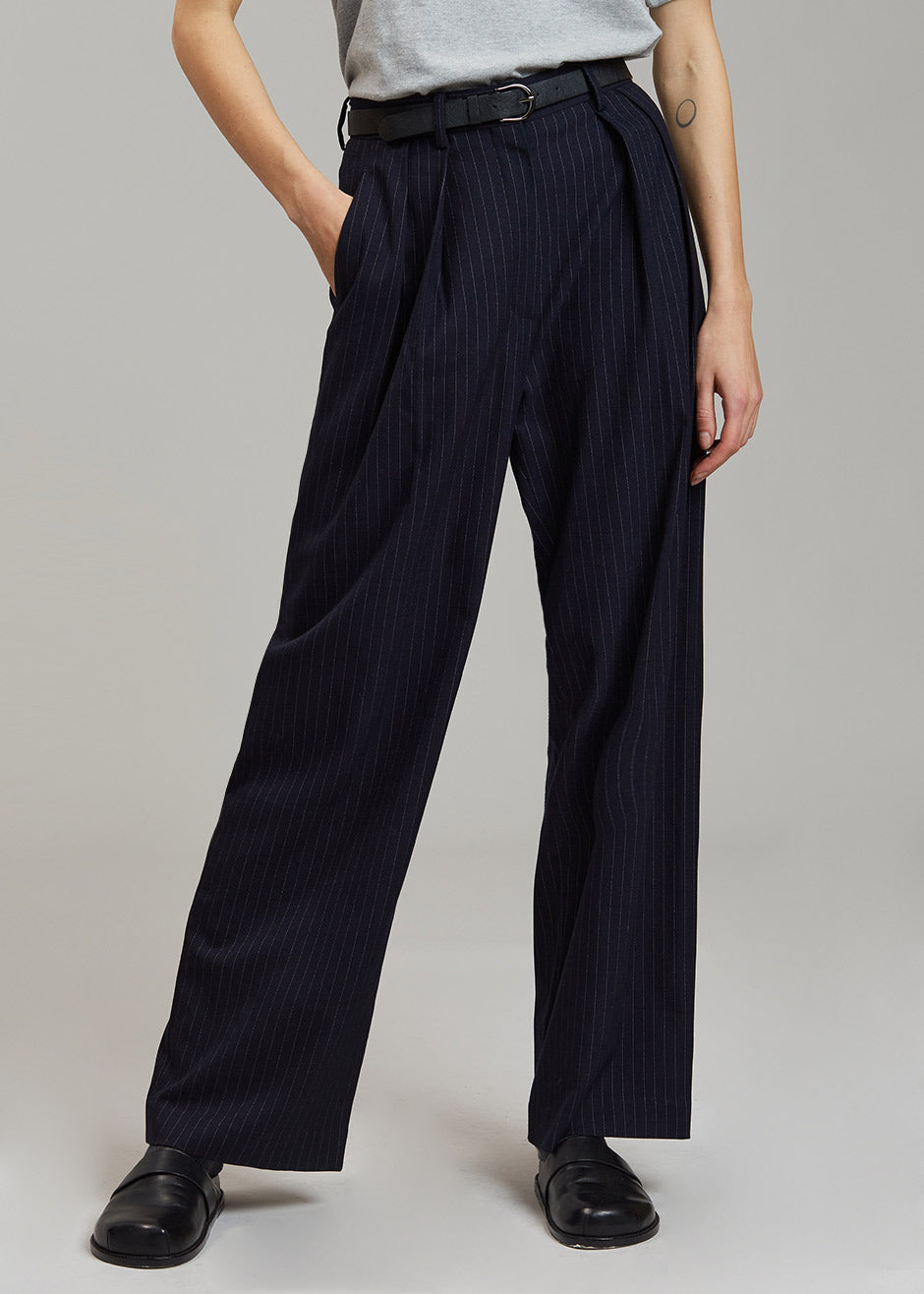 Tansy Pleated Trousers - Navy Pinstripe - 7