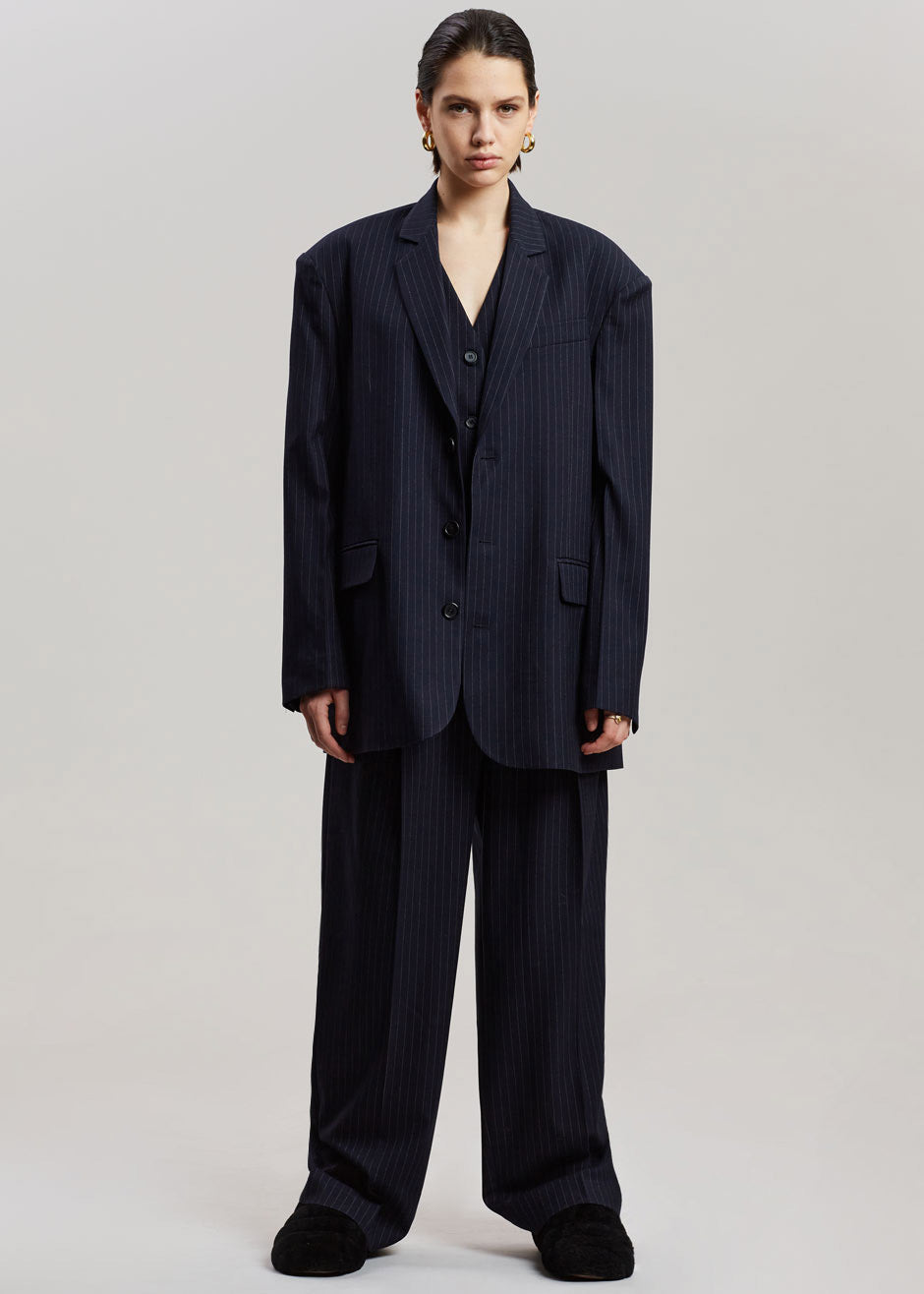 Tansy Pleated Trousers - Navy Pinstripe - 9