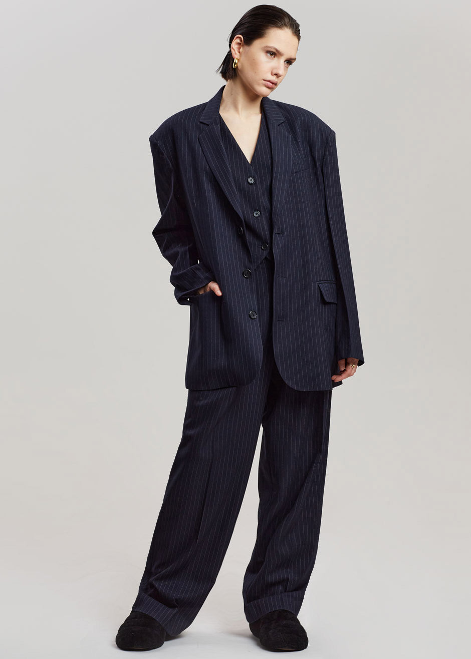 Tansy Tailored Vest - Navy Pinstripe – The Frankie Shop
