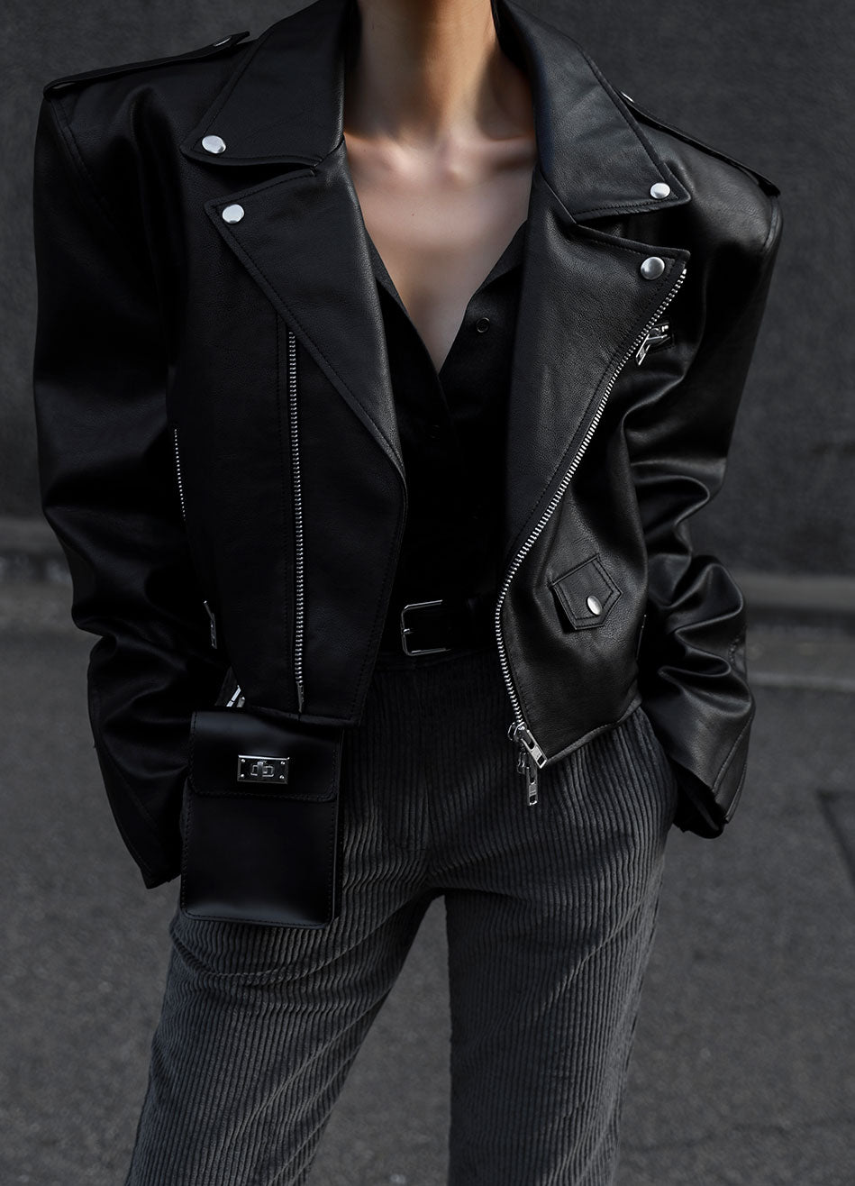 Black cropped leather outlet jacket